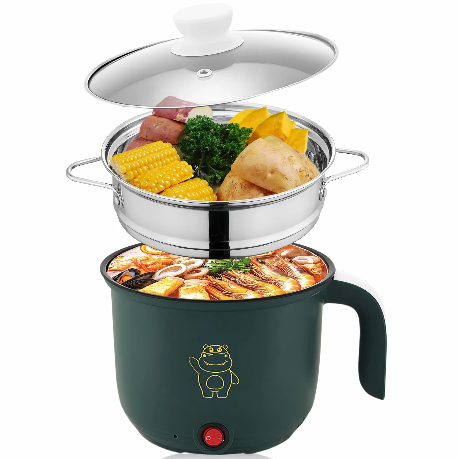 Sartén Eléctrica, Mini Eléctrica Caliente Pot, 1.8 Litro Eléctrico Caliente Pot, Portátil Antiadherente Multicooker, Portátil Rápido, Olla Eléctrica Para Casa Oficina Dormir+Vapor
