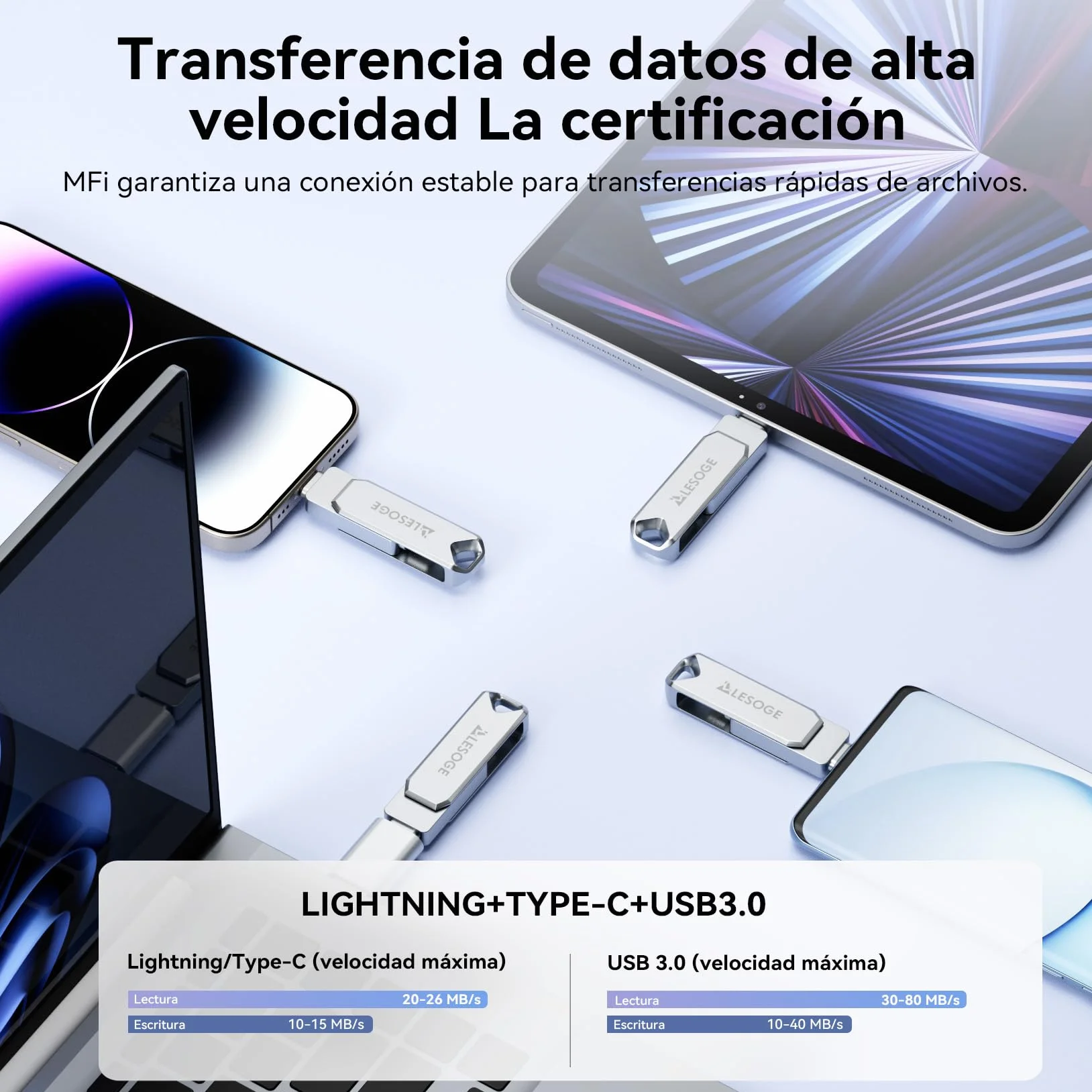 MFi – Memoria USB C 256GB para iPhone y Android, Memoria Externa iPhone 3 en 1, Memoria USB 3.0, pendrive USB-C para Fotos y vídeos (Plata)