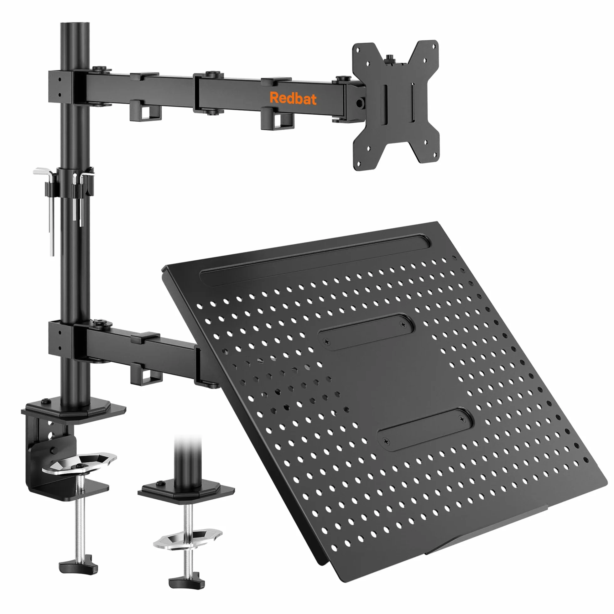 REDBAT Brazo para Monitor de 13 a 32 Pulgadas Pantalla LED LCD, con Bandeja para Portátil hasta 16 Pulgadas, Soporte con VESA de 75/100 mm, 2 Opciones de Montaje