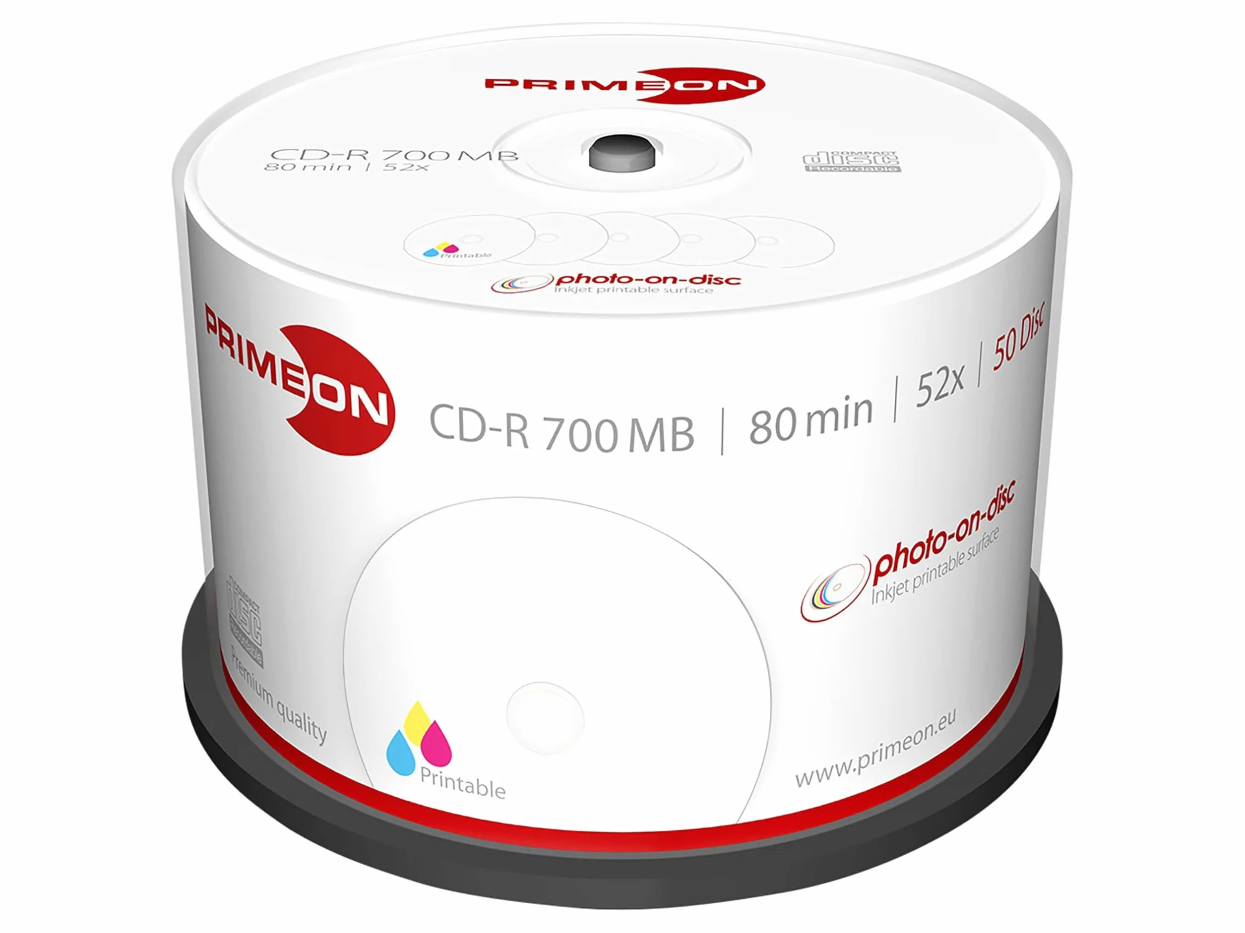 MediaCom IT-Distribution GmbH Primeon CD-R 80Min / 700 MB / 52X Cakebox (50 Discos) Superficie Foto-On-Disco, De Tamaño Completo Imprimible por Chorro De Tinta