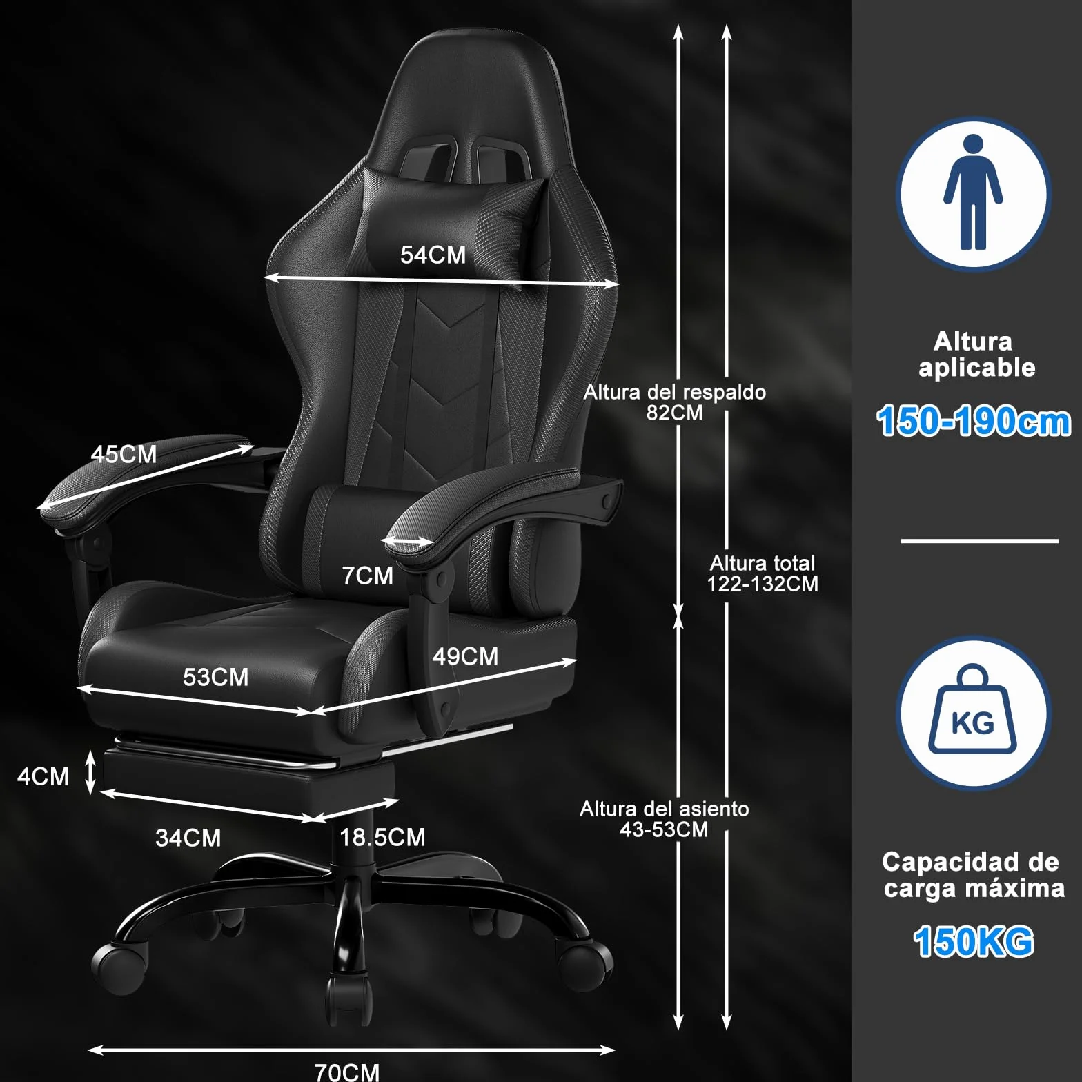 Devoko Silla Gaming con Masajeador y Reposapiés Reclinable 90-135° 150 kg Negro