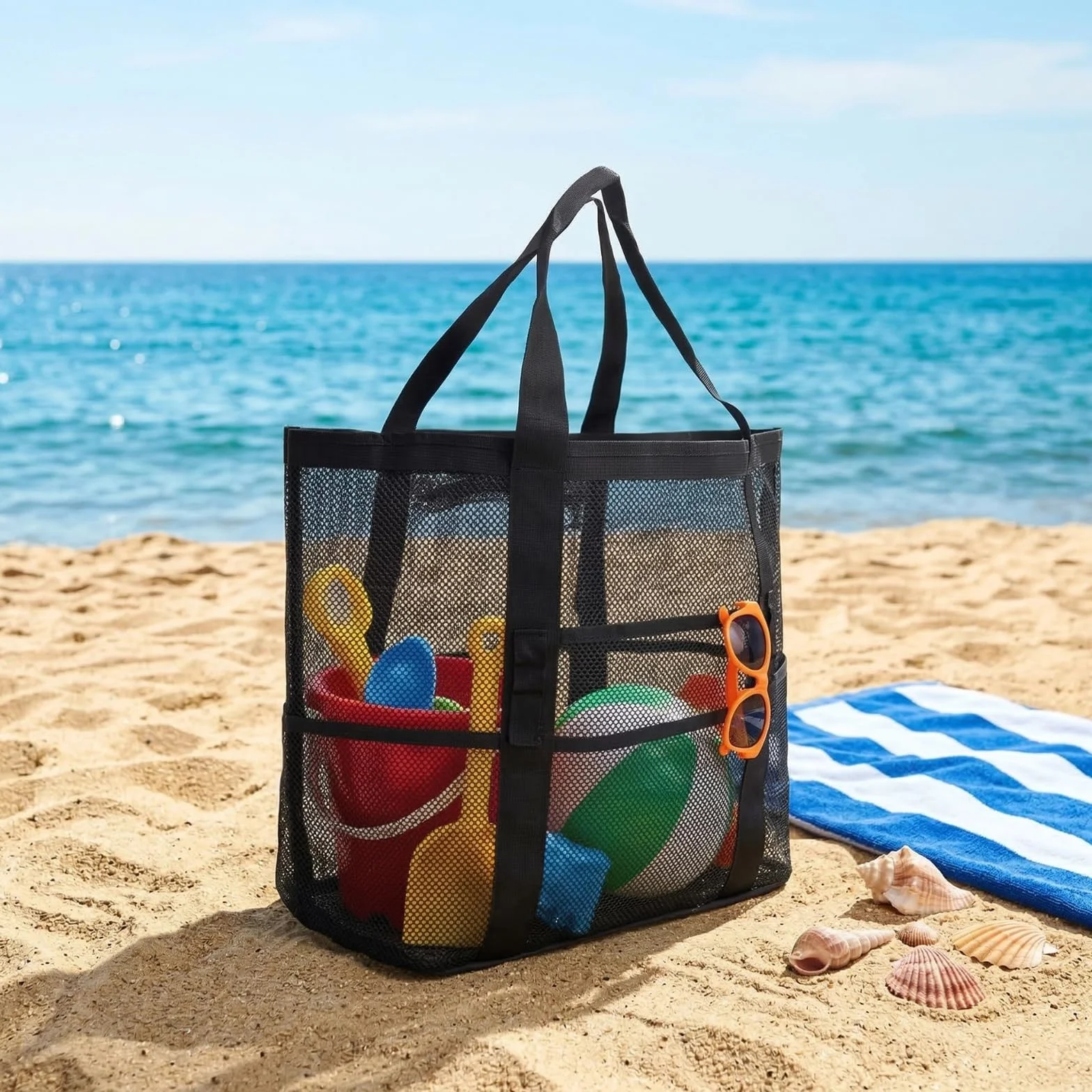 Bolsa de playa de malla grande reutilizable con cremallera, bolsa de cosméticos plegable (negro)