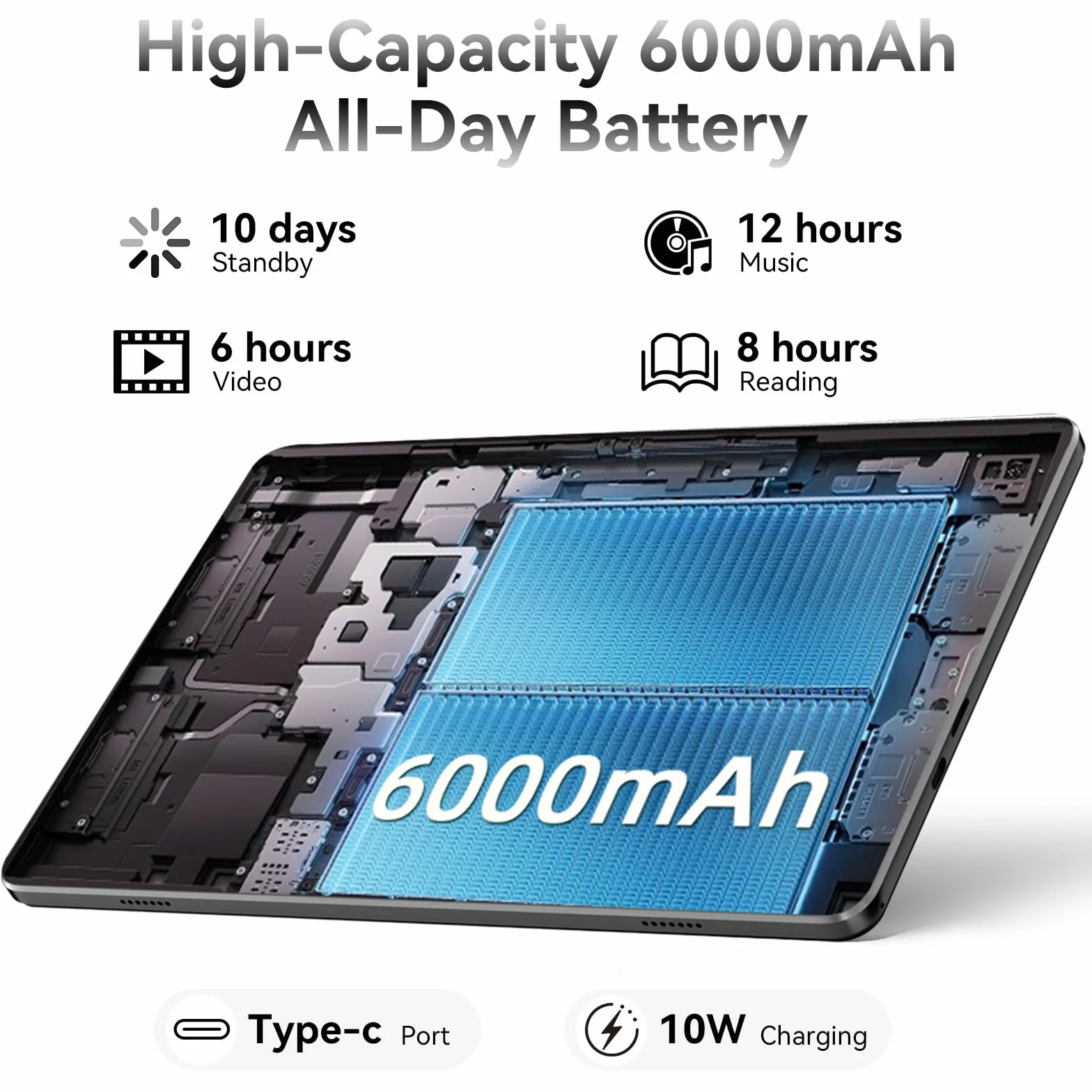 Tablet 10 Pulgadas Android 15 Negro, 6GB RAM (hasta 18GB con expansión) 128GB, Octa-Core T30, Pantalla IPS 1280x800, Batería 6000mAh, WiFi Dual, GPS, Desbloqueo Facial, Bluetooth, USB-C, TF hasta 1TB
