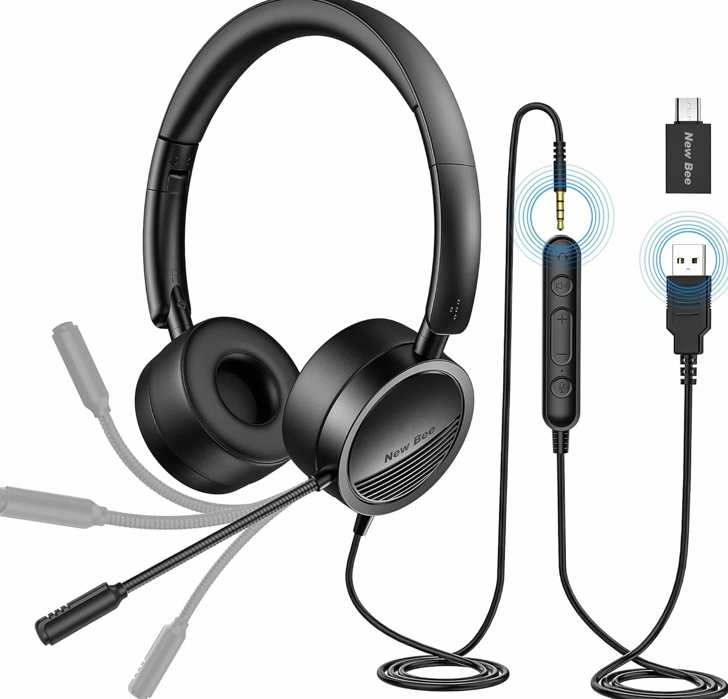 New Bee Auriculares Micrófono PC Auriculares Telefono USB/3.5mm Sonido estéreo Claro Cascos Business para Skype Softphone Centros de Llamadas Cursos Online(1 Pieza)