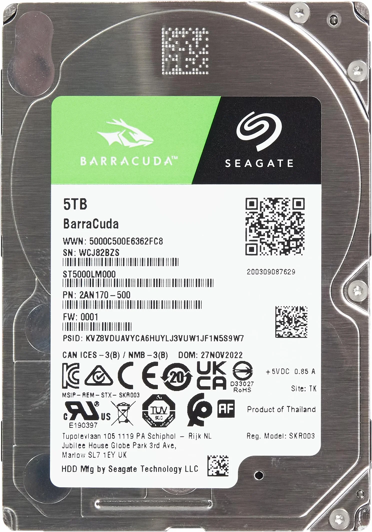 Seagate BarraCuda, 5 TB, Disco duro interno, HDD, 2,5" SATA 6 GB/s, 5400 RPM, caché de 128 MB para ordenador portátil y PC (ST5000LM000)