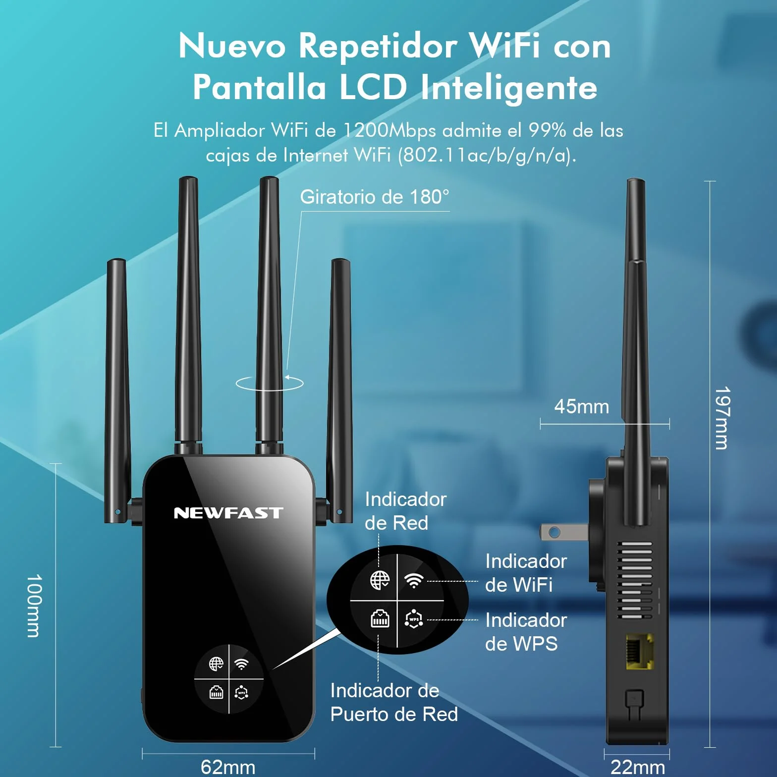 NEWFAST Repetidor WiFi Amplificador Señal WiFi 1200Mbps 5GHz Extensor Wi-Fi para Casa/Oficina, AC1200 Wi-Fi Extender Doble Banda 4X Antenas de Alta Ganancia, Puerto Ethernet, 5 Modos, WPA/WPA2