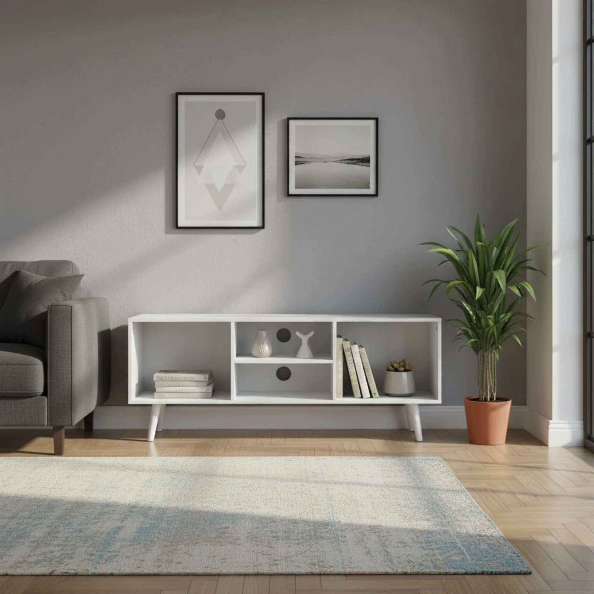 Mueble Auxiliar 4 Compartimentos 110x29x47 cm Blanco de Madera con Estantes, Estantería Moderna para Salón
