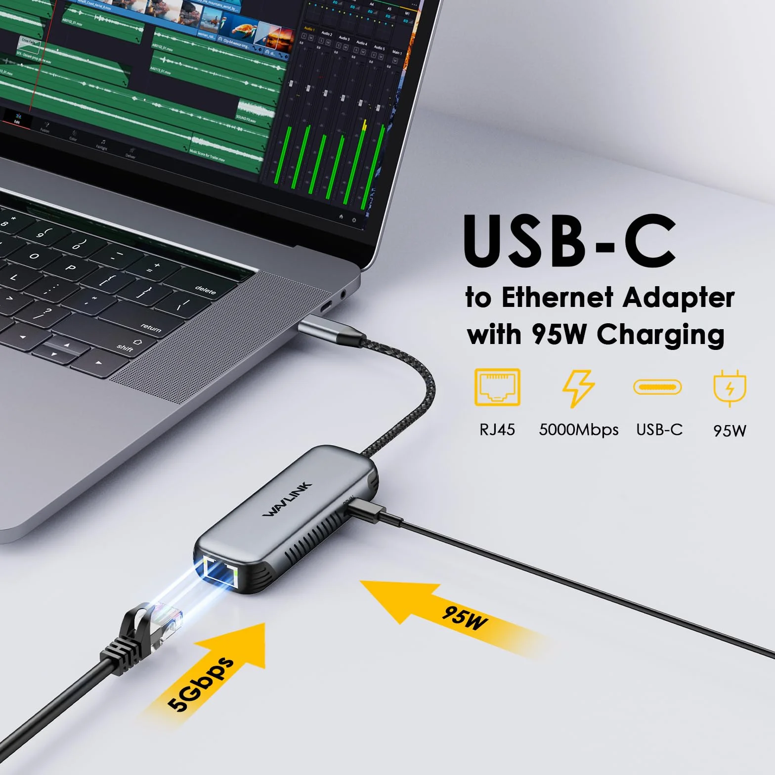 WAVLINK USB C to Ethernet Adapter with 95W PD, Gigabit 5Gbps Ethernet to USB C RJ45 Adapter Compatible with Laptop, Win 10/11, Mac OS 11 o Posterior, Linux.