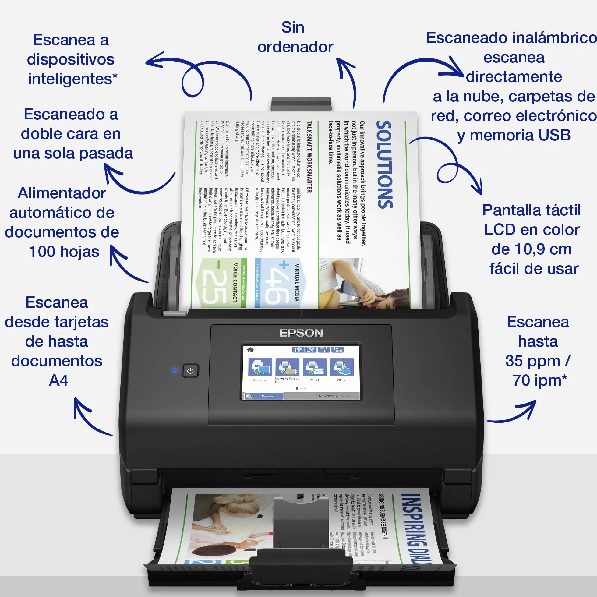 Epson - Workforce ES-580W, escáner de Documentos (sin PC, 35 páginas o 70 fotogramas por Minuto, hasta A4, escaneo a Doble Cara de una Sola Vez, orientación automática)