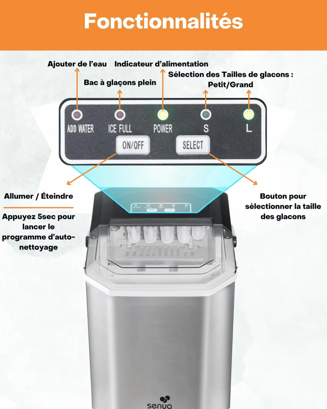SENYA Máquina de cubitos de hielo 12 kg/24h 1,3 L acero inoxidable LED