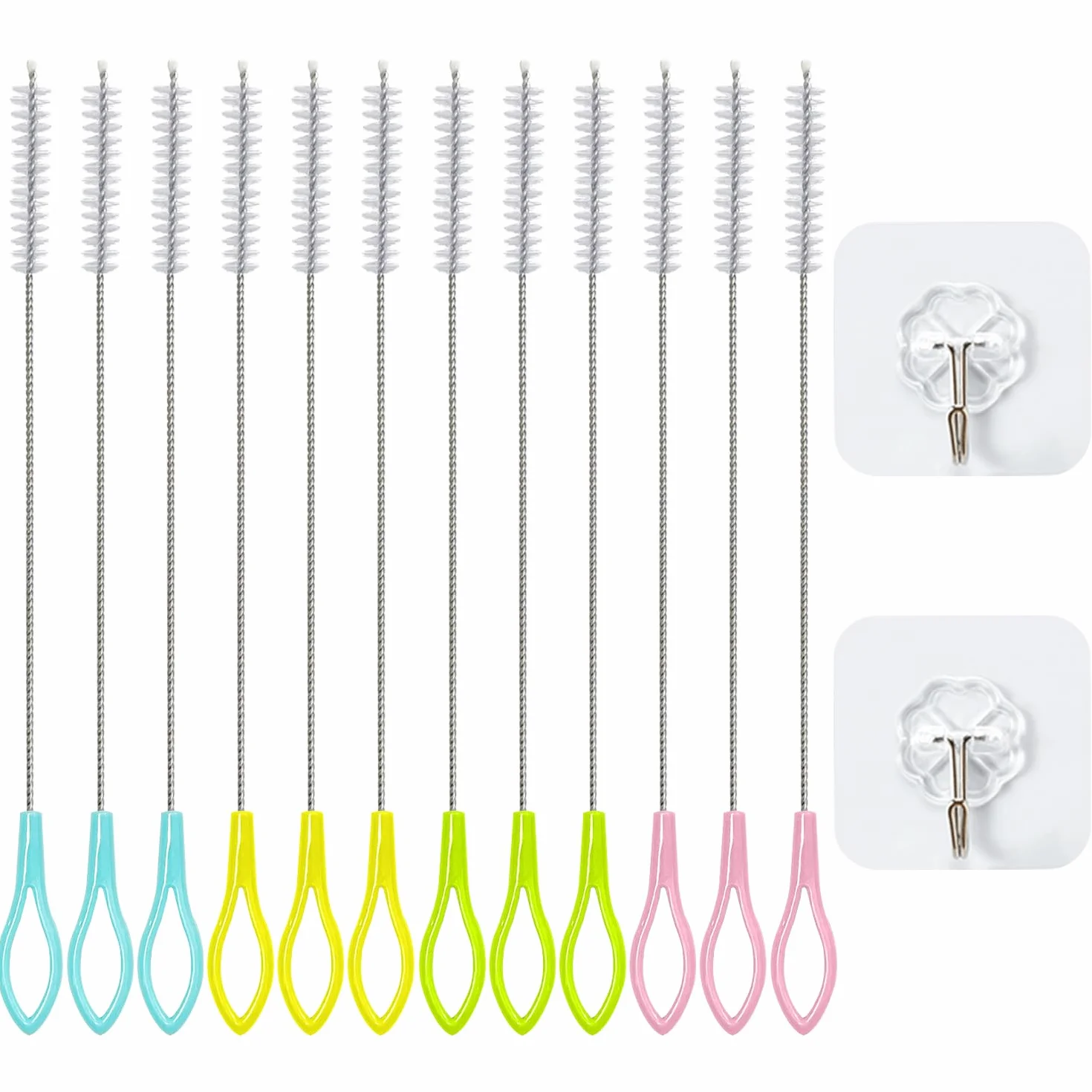 12 Cepillos De Limpieza para Pajitas, 2 Ganchos Transparentes, Cepillo para Pajitas De Acero Inoxidable, Cepillo para Limpiar Tubos De Ensayo, Cepillo para Tubos para Limpieza