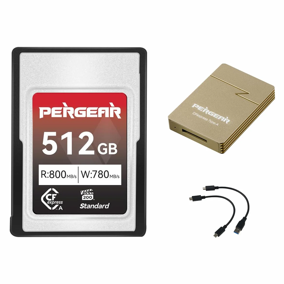 Pergear Serie estándar 512GB CFexpress tipo A tarjeta de memoria de hasta 800 MB/s de velocidad de lectura y 780 MB/s de velocidad de escritura para grabación 4K 120P, 8K 30P (con lector de tarjetas)