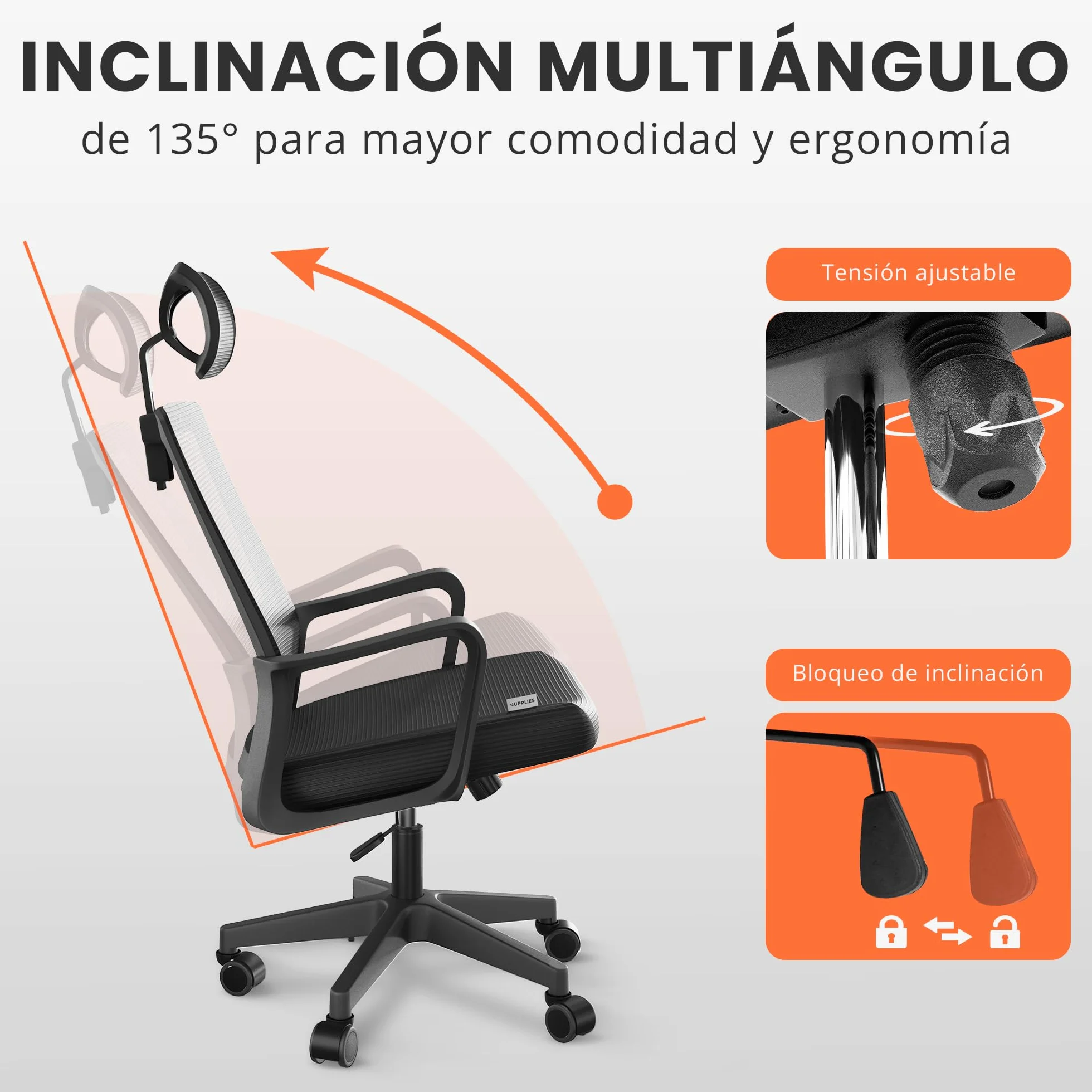 Silla Escritorio Ergonomica Ajustable Reclinable con Soporte Lumbar, Malla Transpirable, 120kg (Negro)