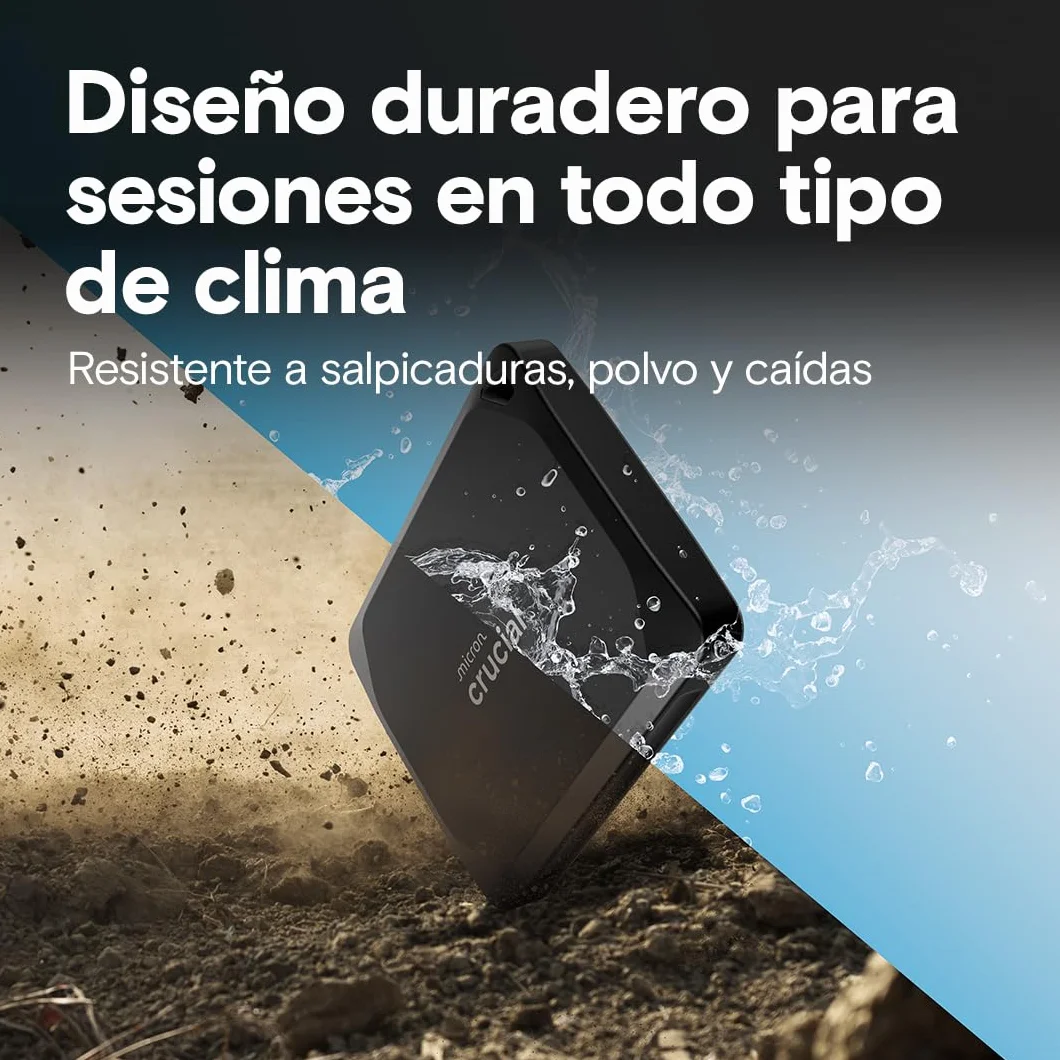 Crucial X10 Pro SSD 1TB Portátil, Lectura de hasta 2100 MB/s y Escritura de 2000 MB/s, PC y Mac, Resistente al Agua y al Polvo (IP55), Disco Duro Sólido Externo, USB-C 3.2 - CT1000X10PROSSD902