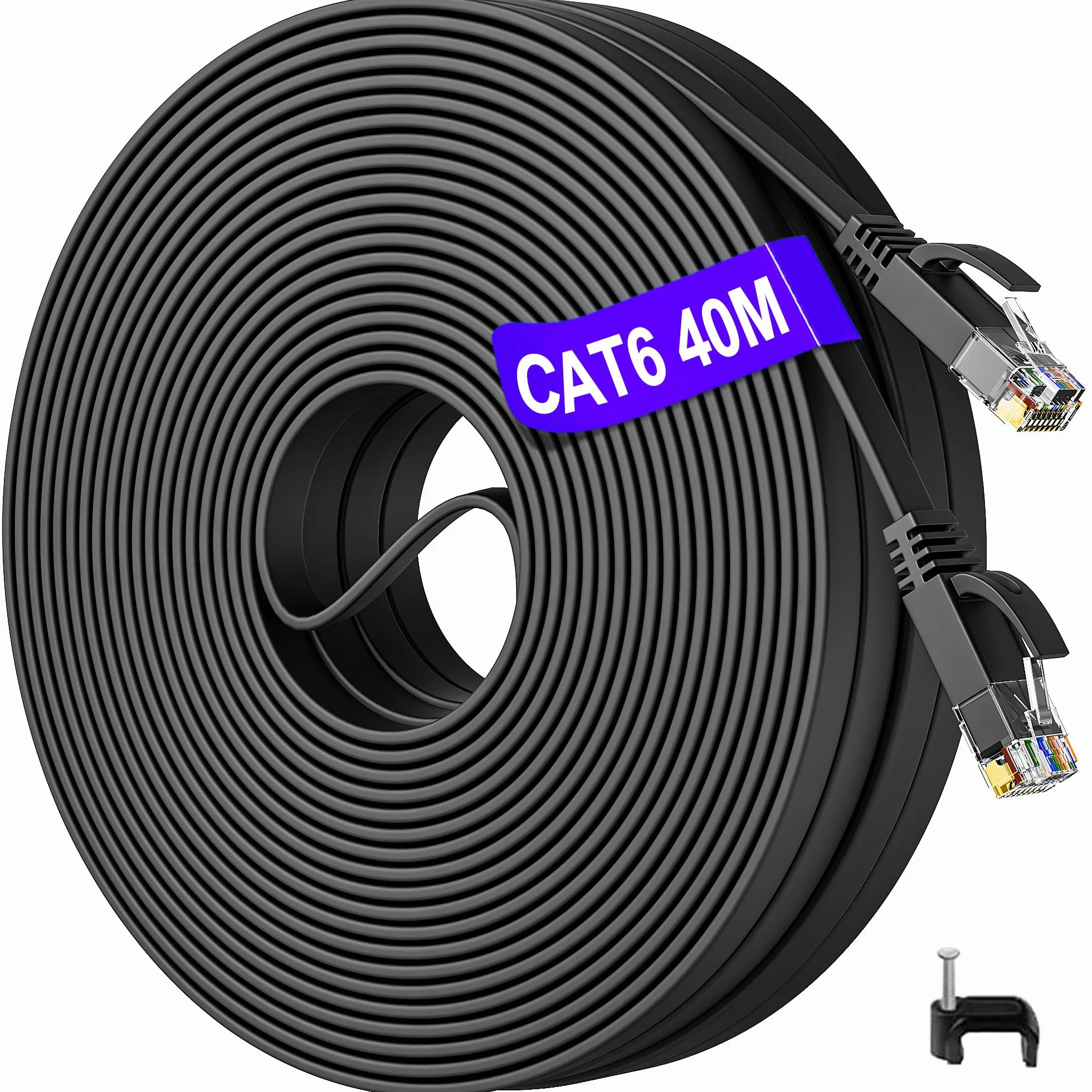 Cable Ethernet 40 metros, Rj45 Cable de Red Cat 6 Exterior Alta Velocidad 1000Mbit/s Cable Internet Plano 40m Largo Exterior Interior, Lan Gigabit Cable de Conexión Negro para Switch Router Modem