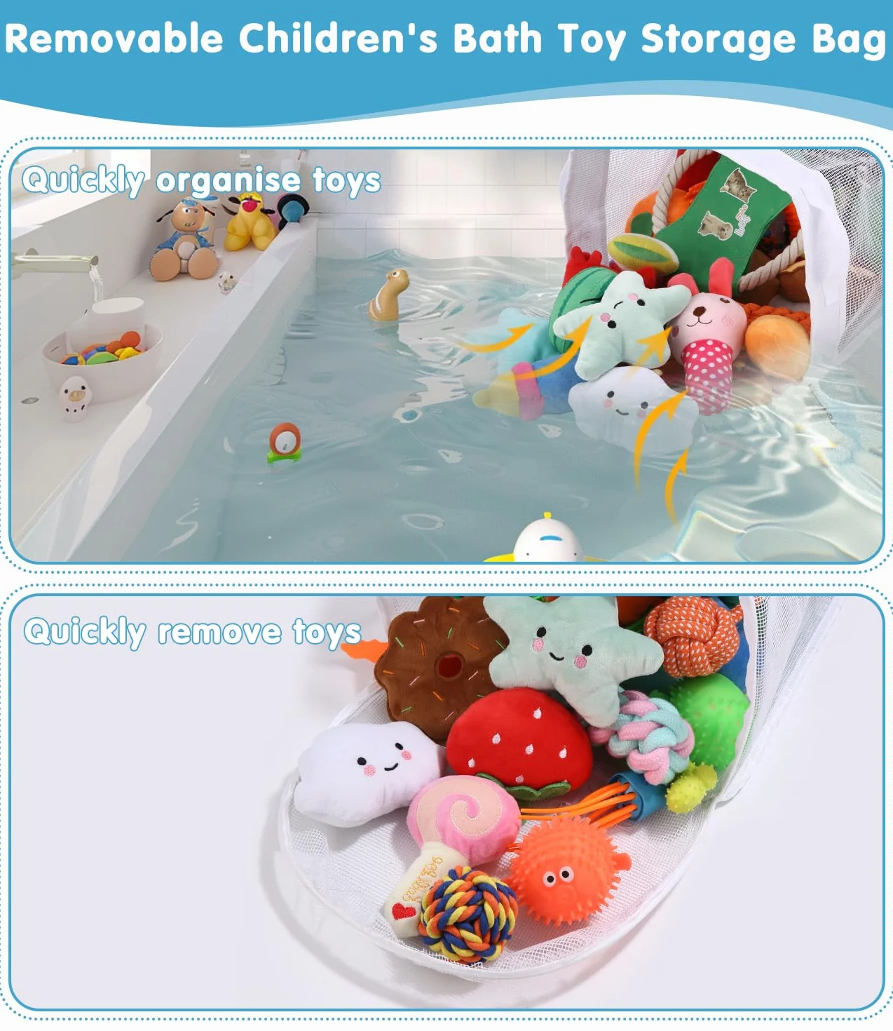 Bixury bolsa organizadora de juguetes para bañera malla 26,5×23,5×31 cm 2 ganchos autoadhesivos