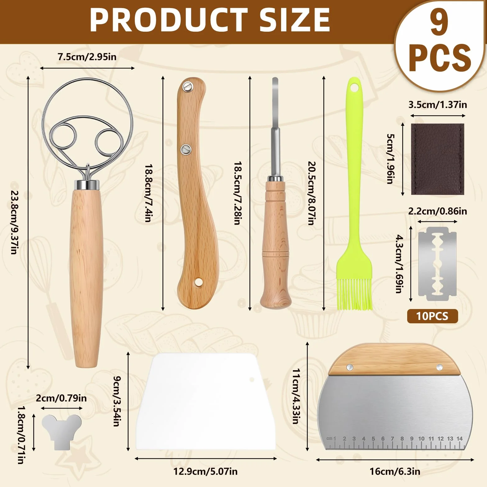 Cuchillo Pan 6 Piezas Cuchilla Panadero con Batidor Danés para Baguettes Masa Pan Casero