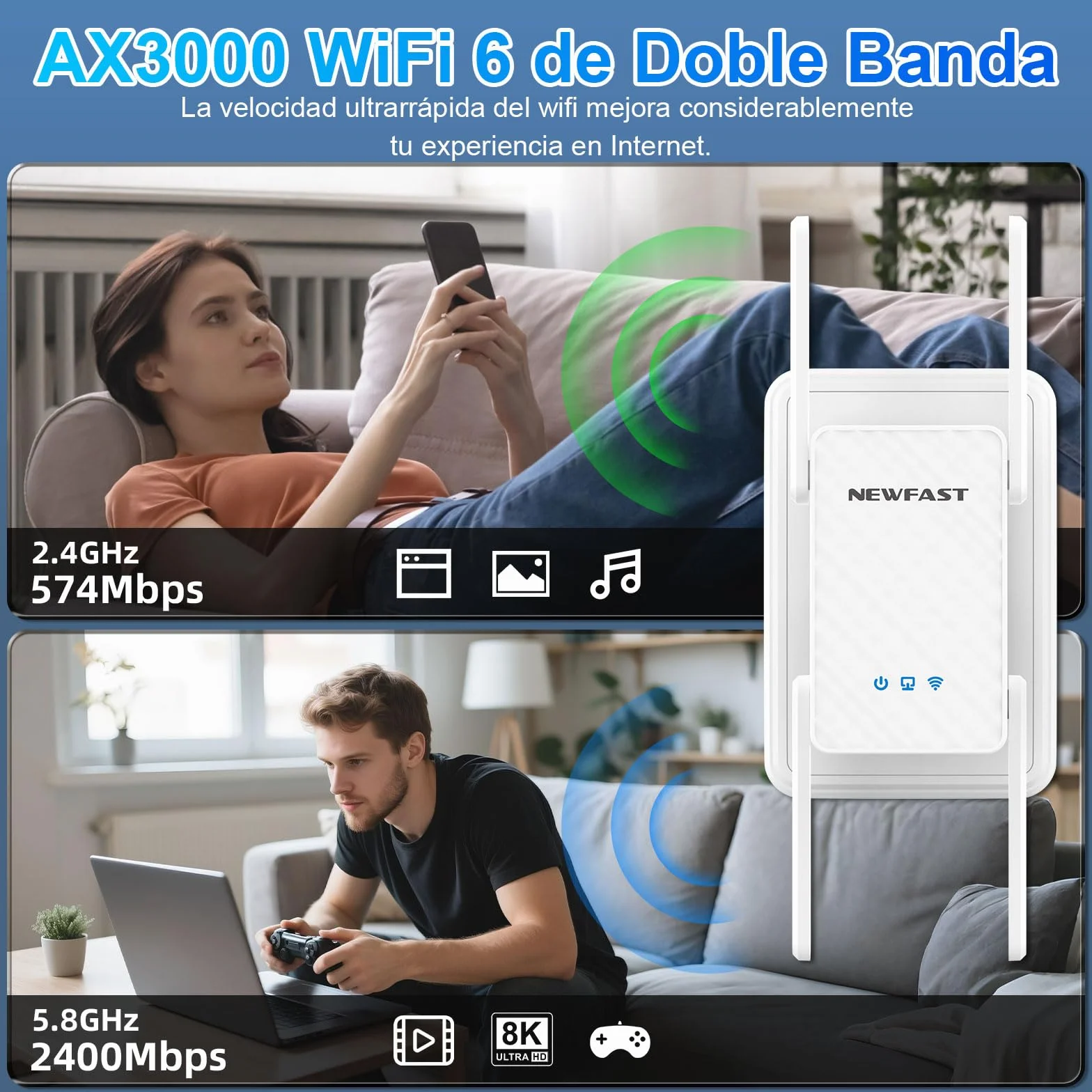 NEWFAST Repetidor WiFi 3000Mbps Amplificador Señal WiFi AX3000 Repetidor WiFi6 5.8/2.4GHz, Puerto Gigabit, 4 Antenas, WPA3, IEEE802.11ax/AC/b/g/n
