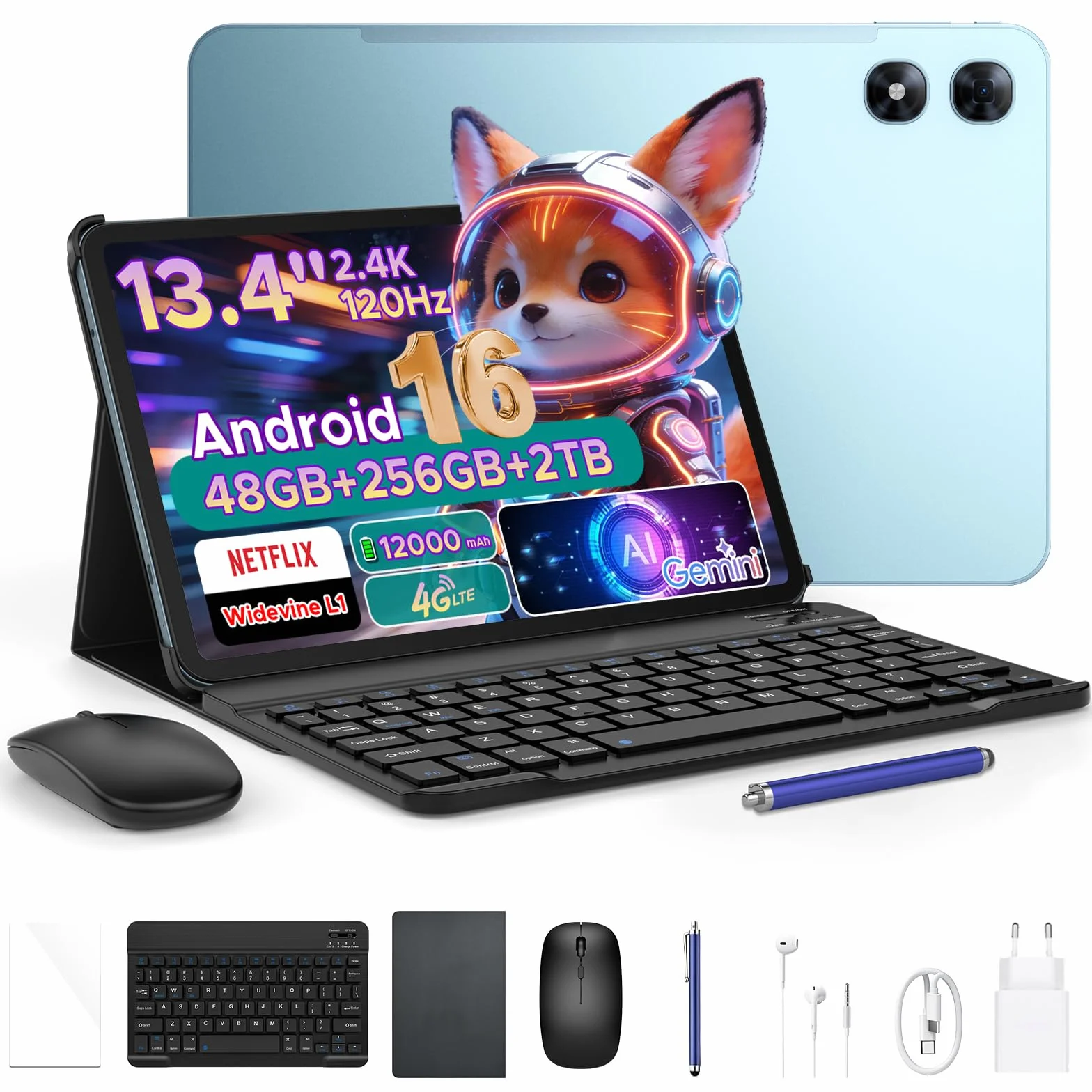 P13 Pro Tablet 13 Pulgadas 120Hz Android 16, 48GB RAM + 256GB ROM(TF 2TB), Tablet con Teclado y Lapiz, T7280 Octa-Core, 12000mAh/18W, 16MP+8MP, Gemini AI, Widevine L1, Face ID, Dual SIM 4G, Azul
