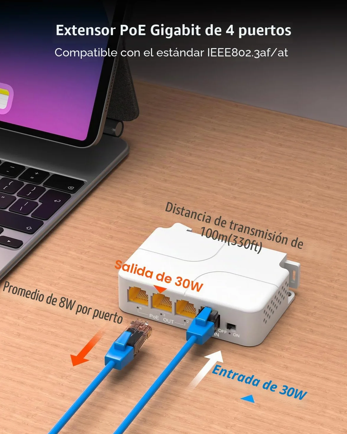 VIMIN Extensor PoE Gigabit de 4 Puertos, 1 in 3 out Repetidor PoE para Interiores IEEE802.3af/at 1000 Mbps, Extiende 100m Adicionales (328 pies), Montaje en Pared y Riel DIN, Plug & Play