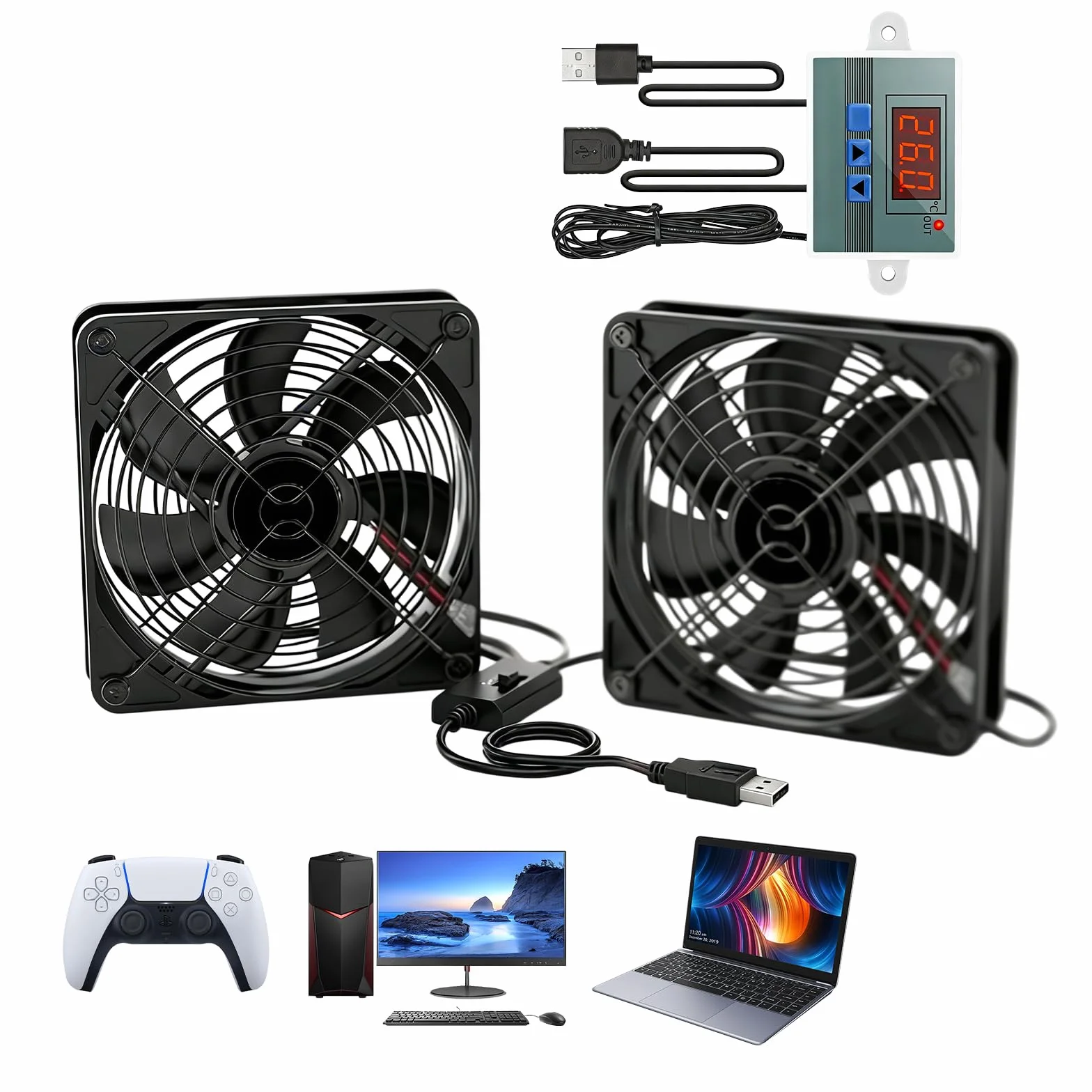 Ventilador USB de 120 mm con regulador de temperatura digital, 5 V Dual USB para PC con 3 velocidades ajustables, ventilador de carcasa, ventilador USB Dual Rodamiento de bolas para PS5/router/TV Box