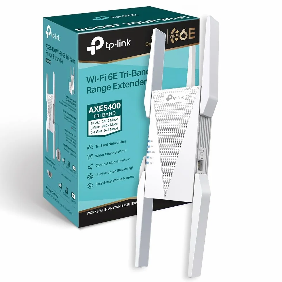 TP-Link RE815XE Repetidor WiFi 6e Mesh AXE5400, Triple Banda,Banda Exclusiva 6GHz,Canal de 160MHz,Fácil Control por App,Compatible con EasyMesh