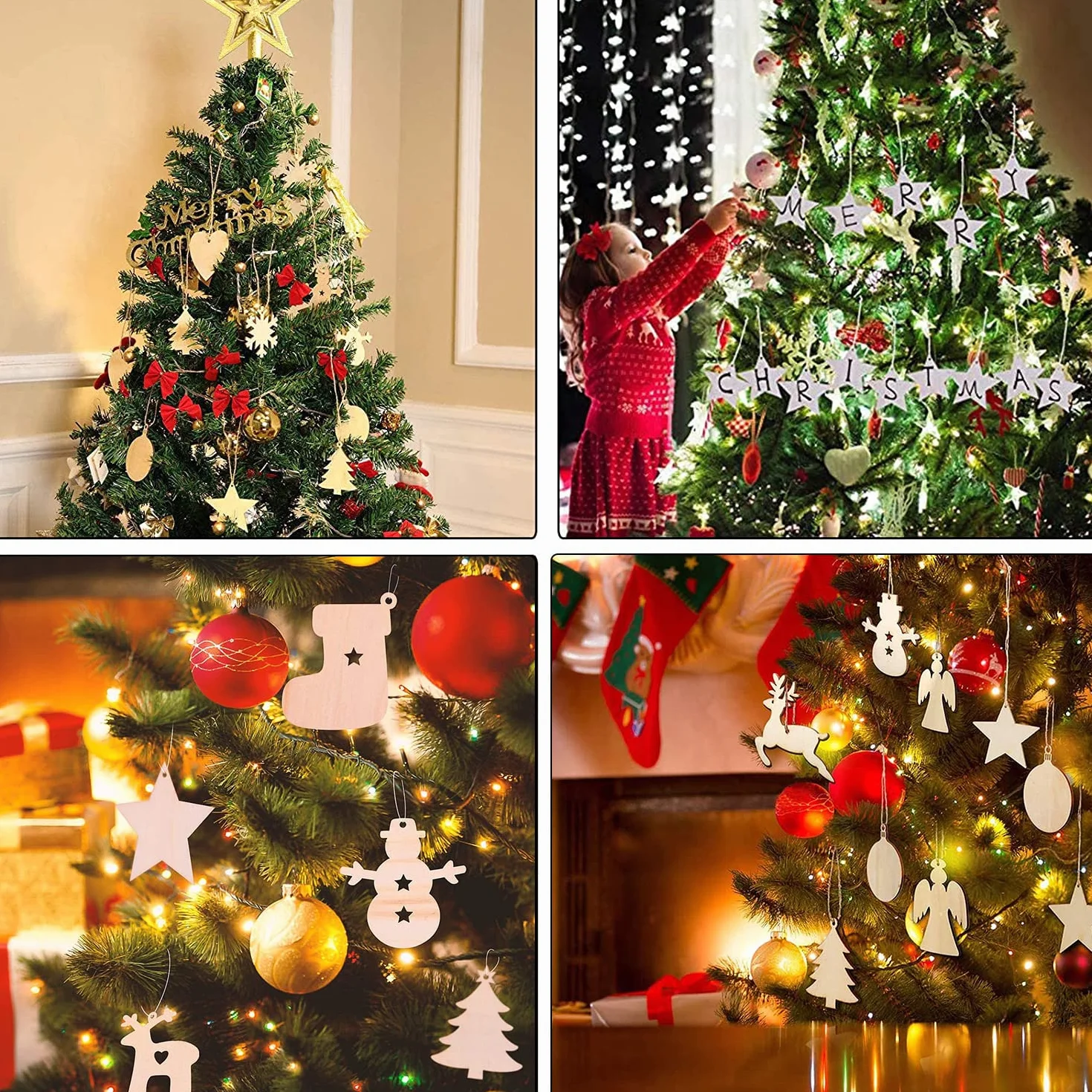 Adornos de madera para árbol de Navidad, 100 colgantes DIY con cuerda