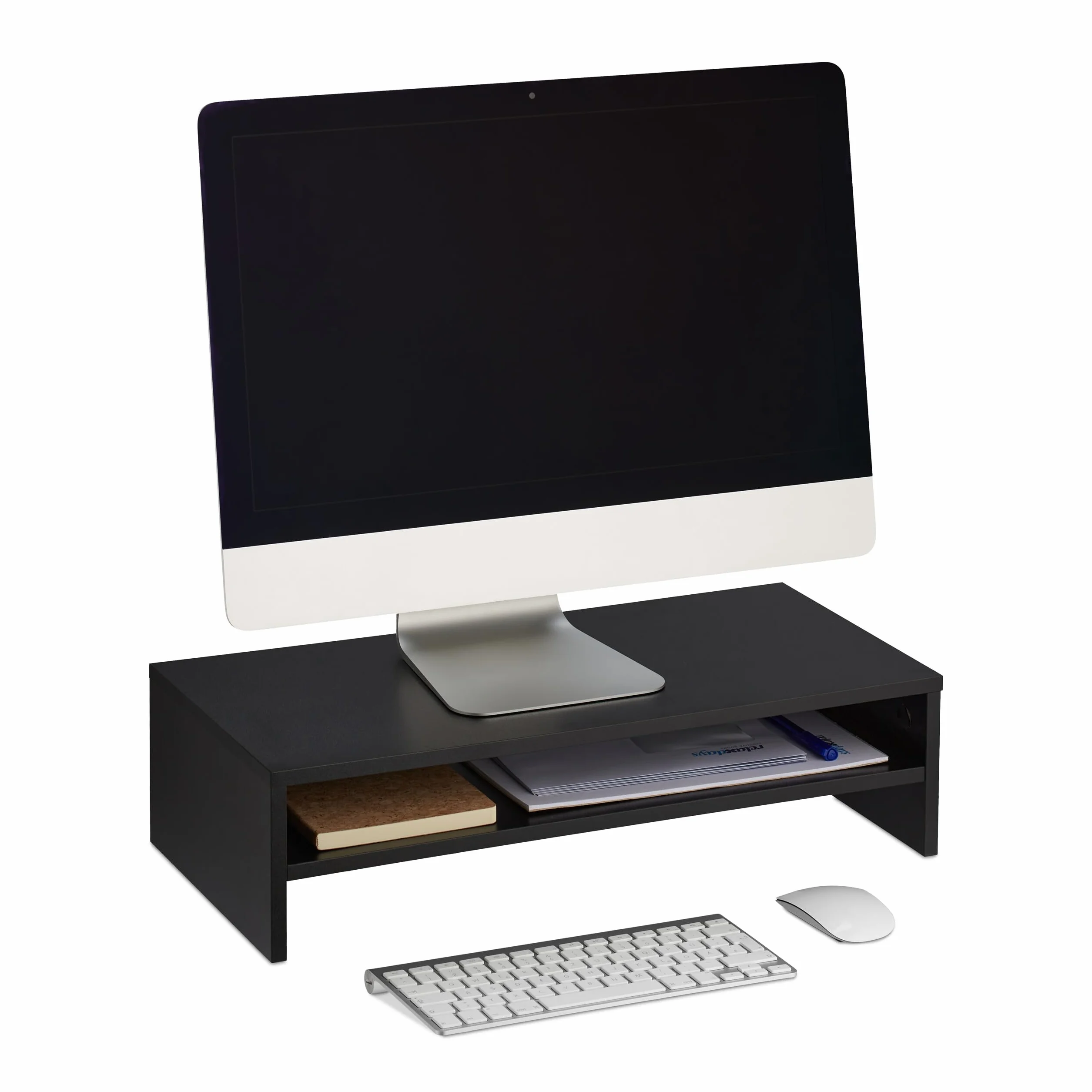 Relaxdays Soporte para Monitor, con Compartimiento, 14,5 x 54 x 25,5 cm, Elevador de Pantalla para Escritorio, Negro