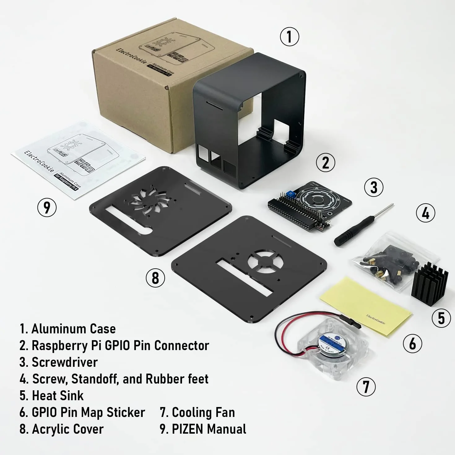 Funda ElectroCookie Raspberry Pi 4, minitorre de aluminio con ventilador de refrigeración y luz ambiental que cambia de color (negro mate y gris oscuro)