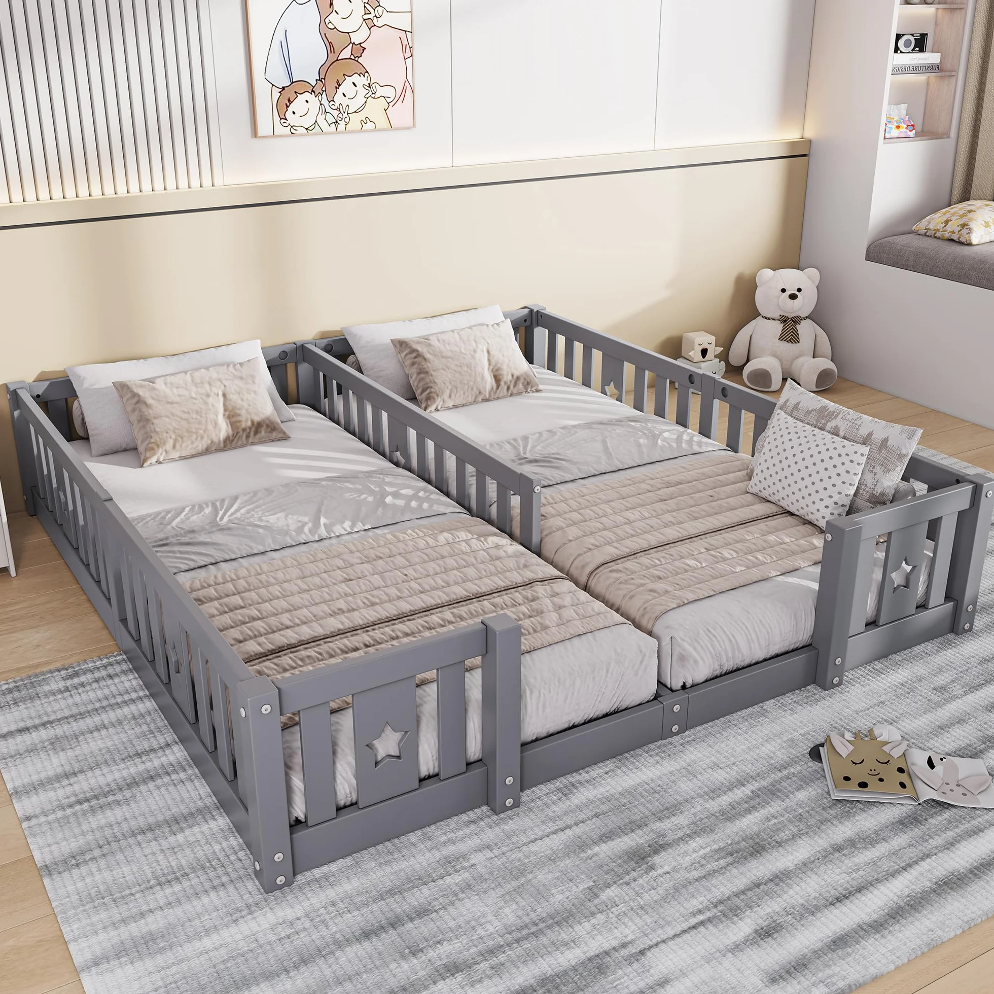 Cama en el suelo de 90 x 200 cm, cama infantil con barrera, cama montessori, madera maciza, camas dobles, para habitación de niños y niñas, sin colchón (gris A, 188 x 206 x 40)