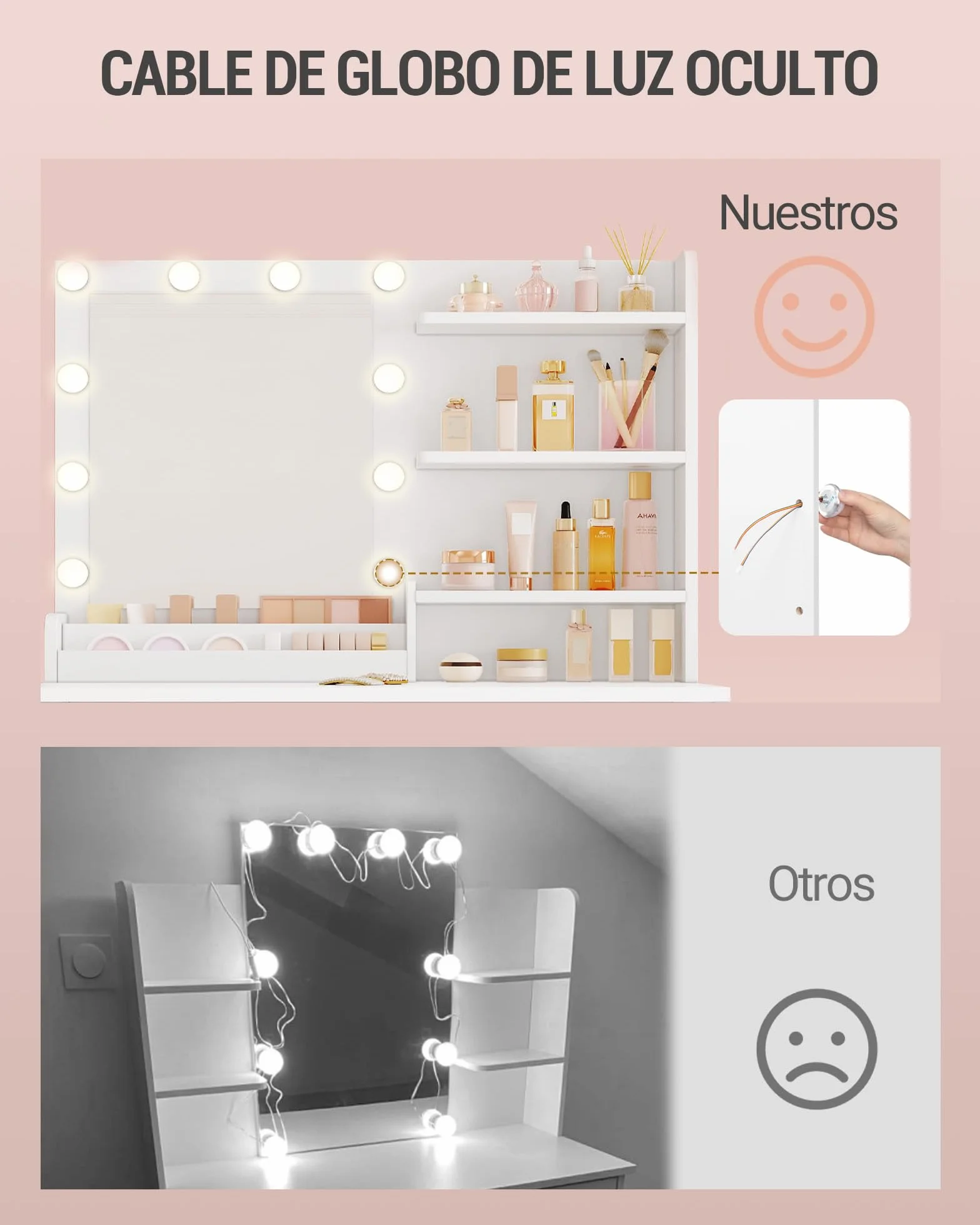 Hzuaneri 90 cm Tocador con Espejo, Maquillaje con Luz, 3 Brillo Ajustable, 2 Cajones, 4 Estantes, 2 Compartimentos, Moderno, Blanco