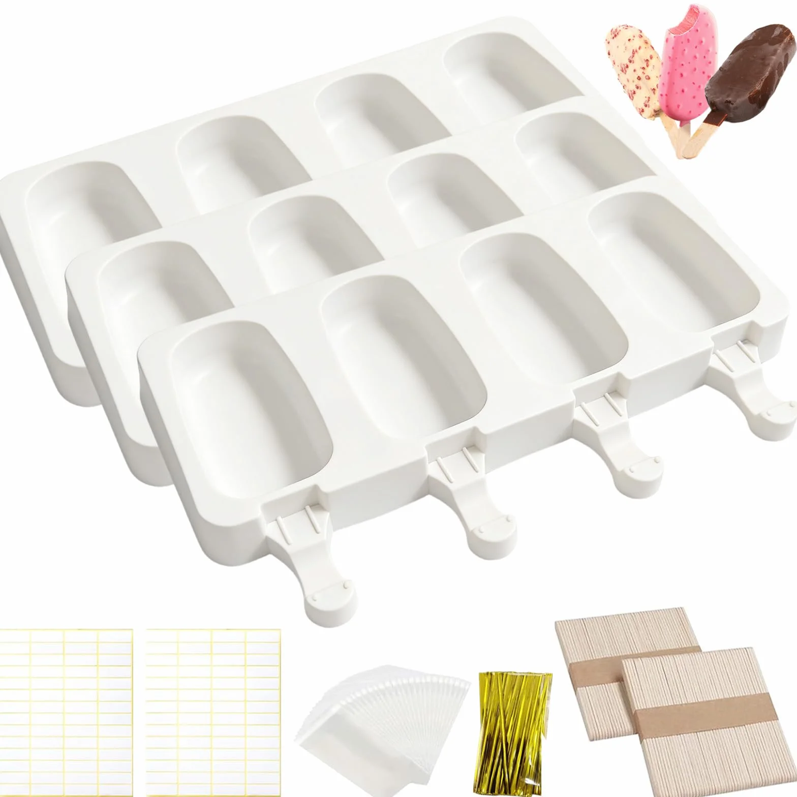 3 Juegos Moldes para palitos de helado, 4 cavidades de molde, Molde Helado Silicona sin BPA, Moldes Paletas, con 100 palitos, 100 bolsas OPP, 100 bridas para cables, 100 pegatinas