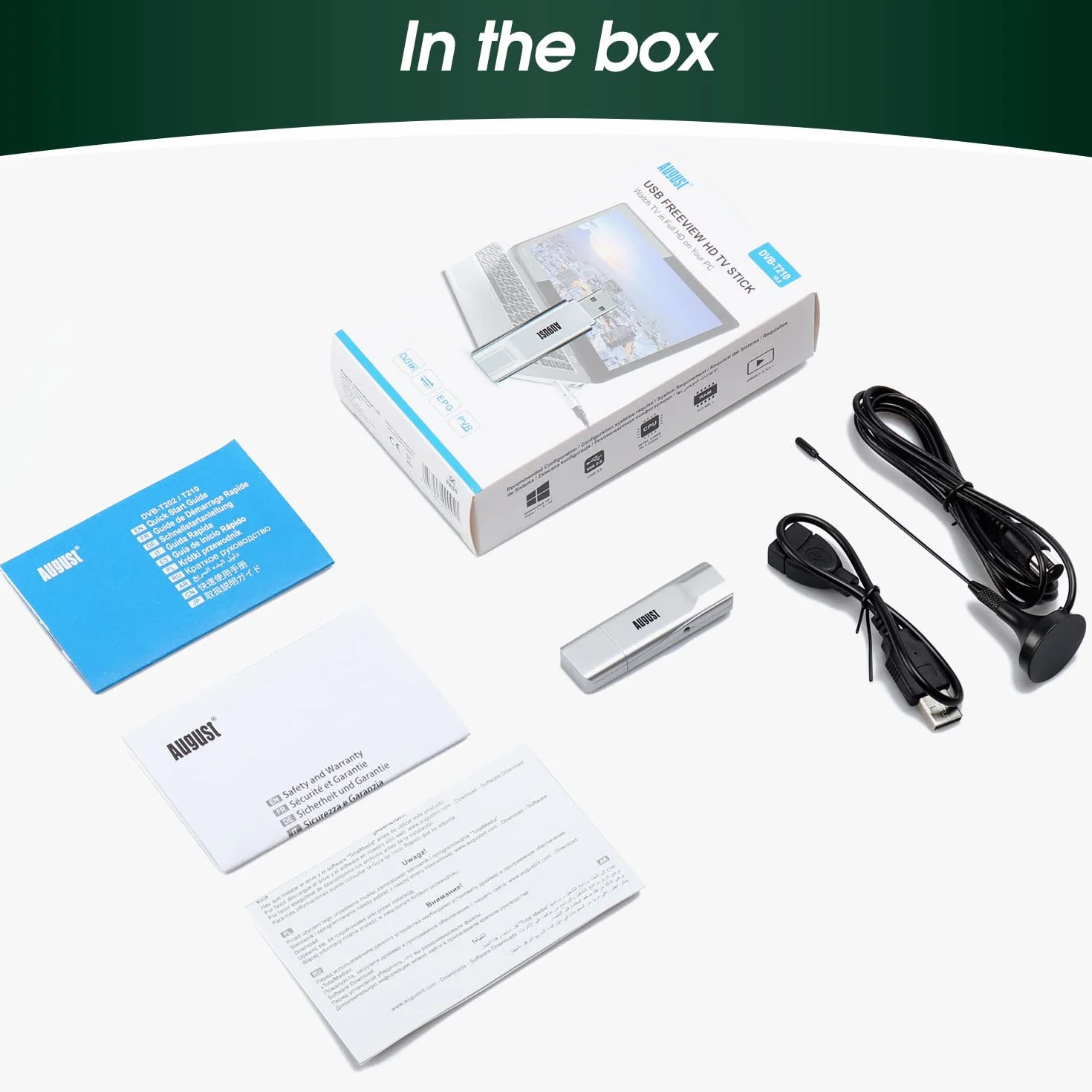 August DVB-T210 Freeview HD TV Sintonizador USB Stick – Mira y graba Canales Freeview en Laptop y PC, graba en HDD o SSD a través de USB, no Requiere WiFi, Receptor DVB-T2 para Windows 11 Home, 10, 8