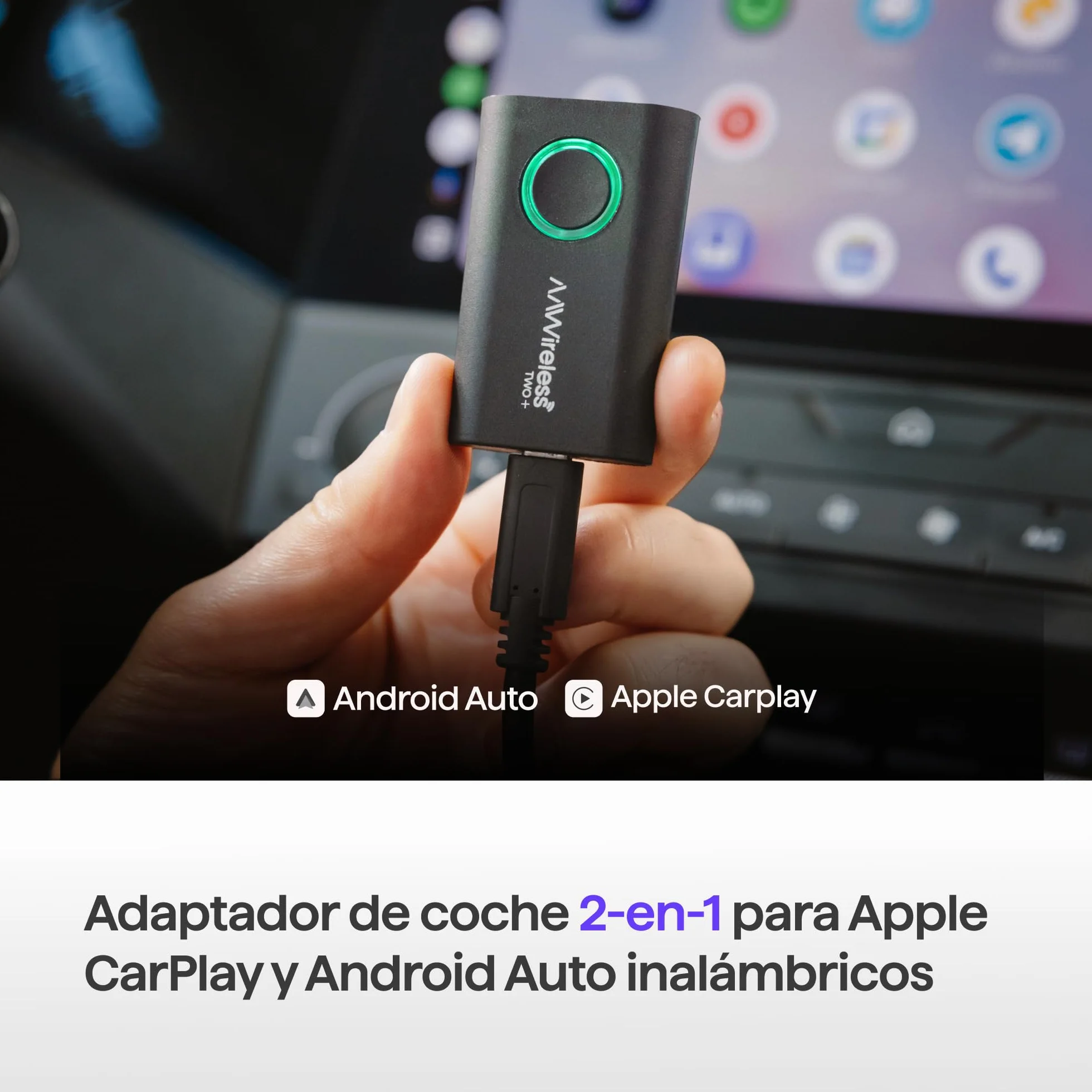 AAWireless Adaptador 2 en 1 para Android Auto y Apple Carplay, conexión inalámbrica a través de Bluetooth y WiFi, apto para iOS 10+ y Android 11+, botón multifuncional, fabricado en Europa