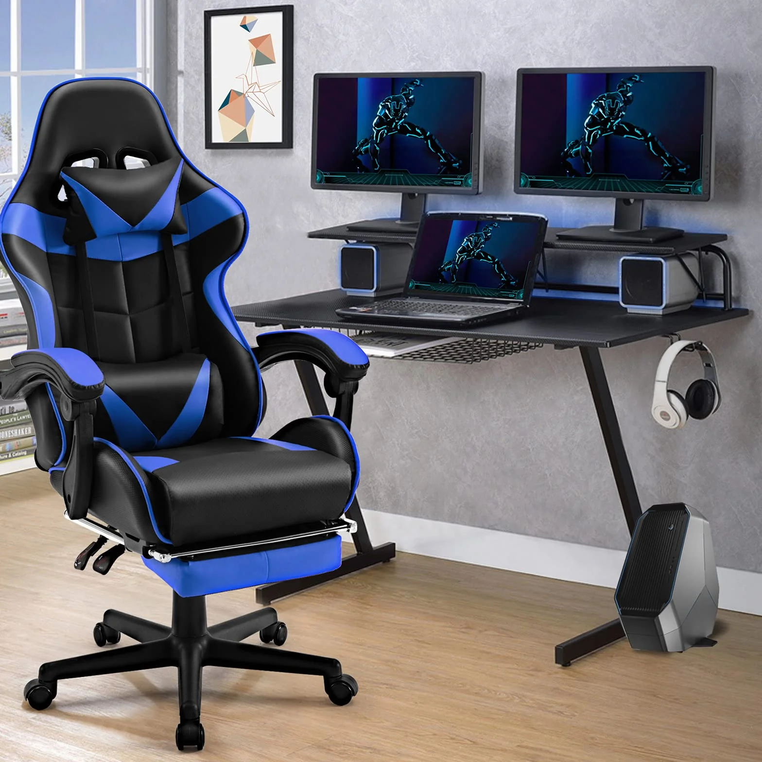 Soontrans Silla Gaming con Masajeador, Reposapiés y Reposacabezas, Cojín Lumbar de Masaje, Sillón Gamer para Livestreaming (Azul)