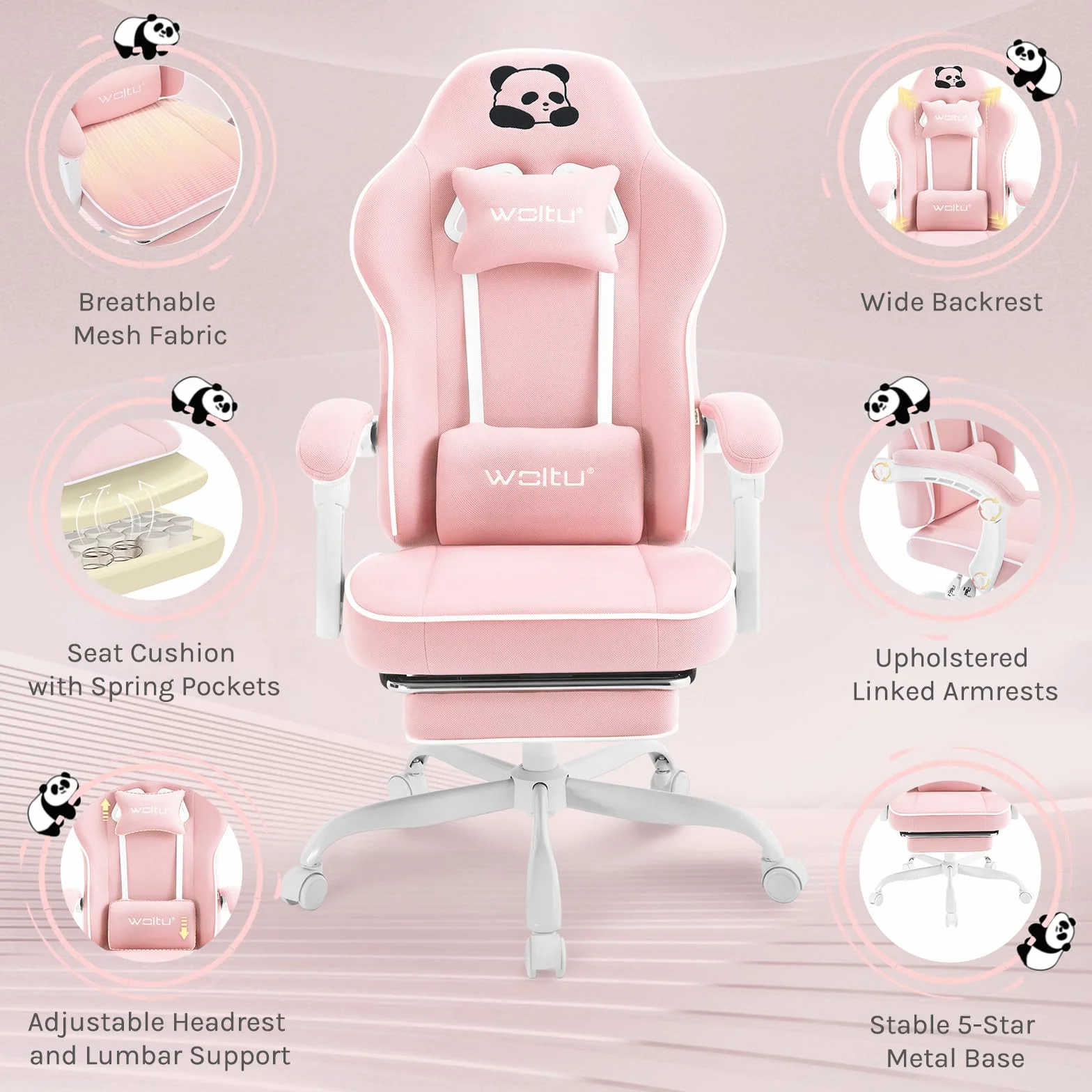 WOLTU Silla Gaming Ergonómica con Reposabrazos y Soporte Lumbar, Asiento Elástico, Estructura Metal, Tela de Malla, Rosa, GS16rs