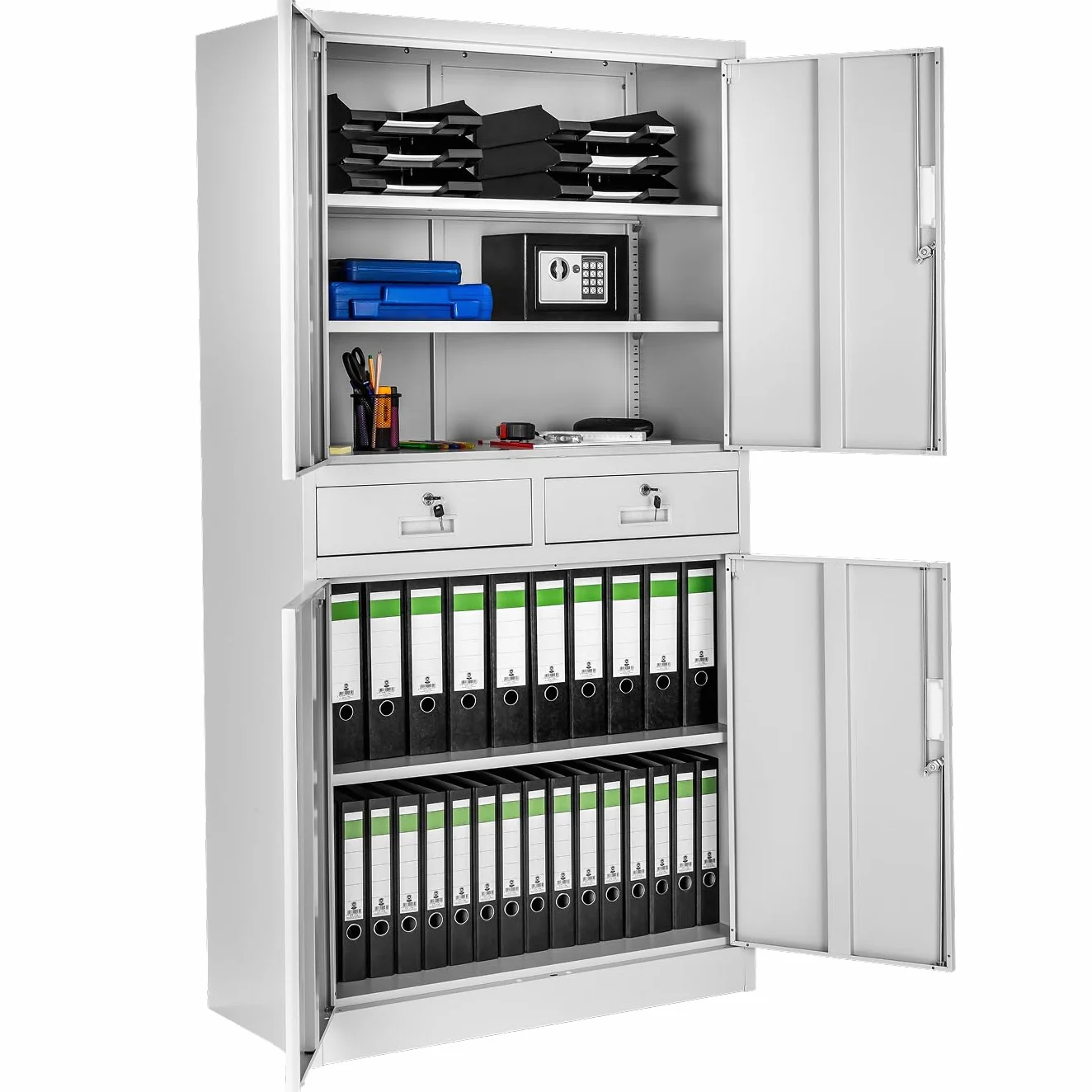 Armario Archivador Oficina Acero 180x80x40 cm Gris Claro 4 Puertas 2 Cajones 3 Estantes Ajustables