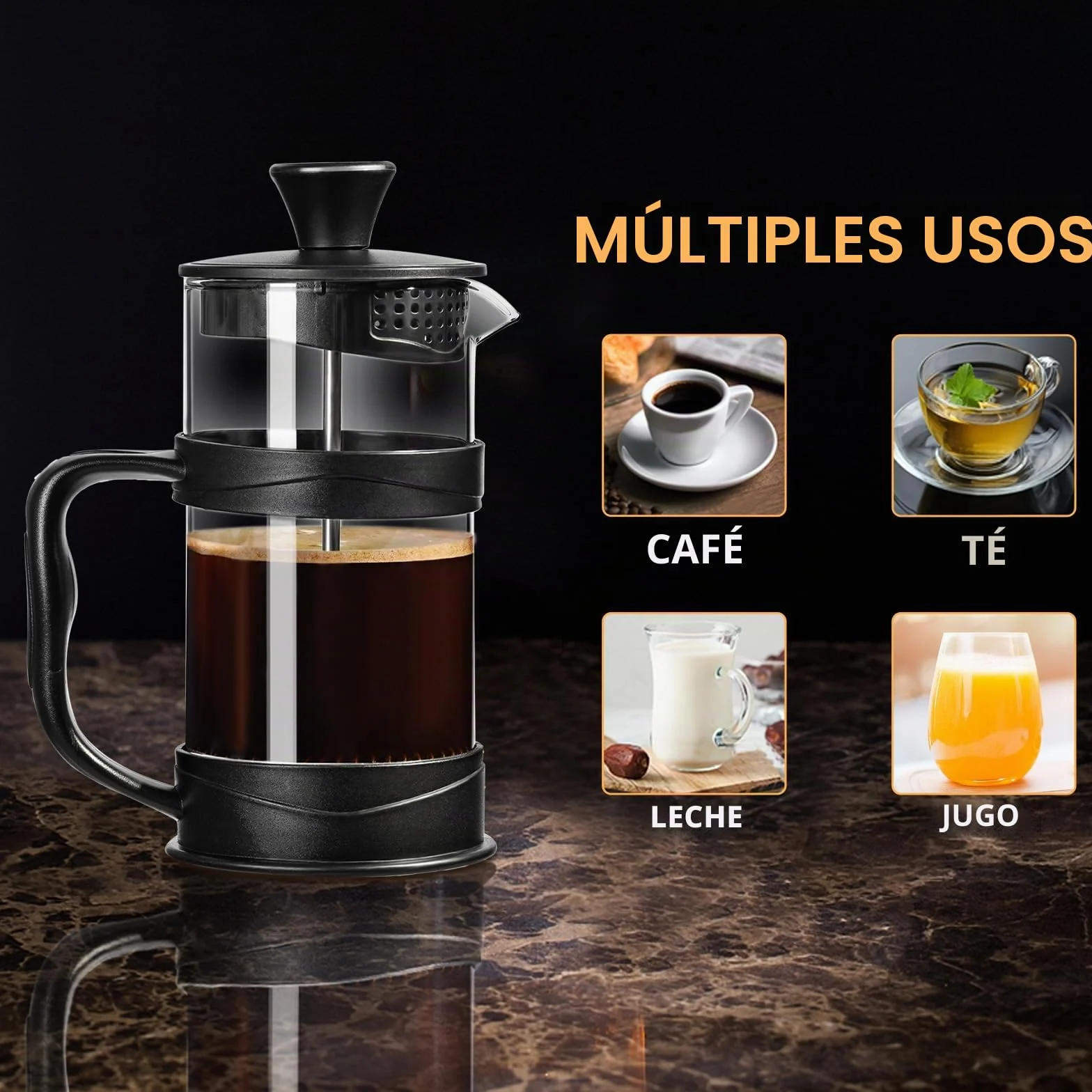 Cafetera de Prensa Francesa Acero Inoxidable 304 12oz para Viaje y Hogar (Negro)