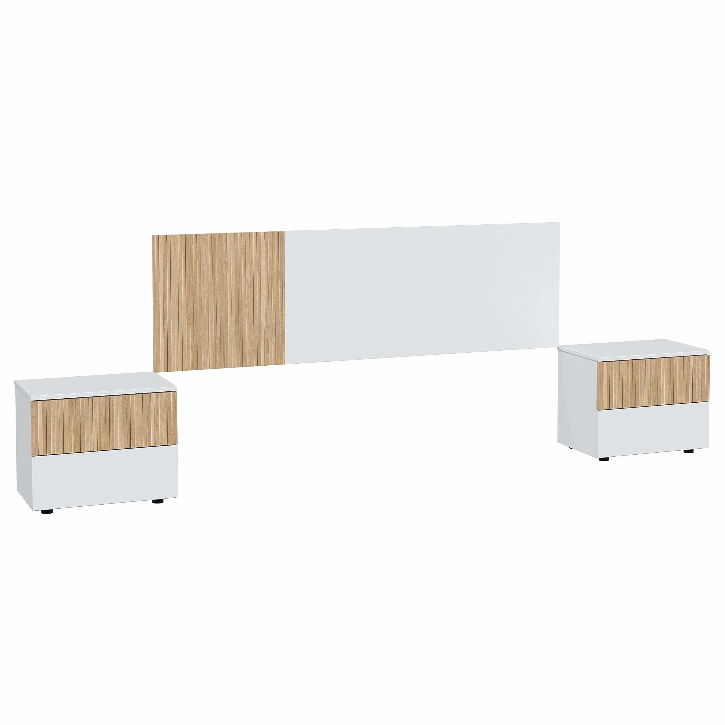 Habitdesign Cabezal + 2 Mesitas, 266x91x34 (AnchoxAltoxFondo-en cm), Color Blanco Artik y Natur, Cabezal Reversible y 2 Mesitas, Modelo Ethna