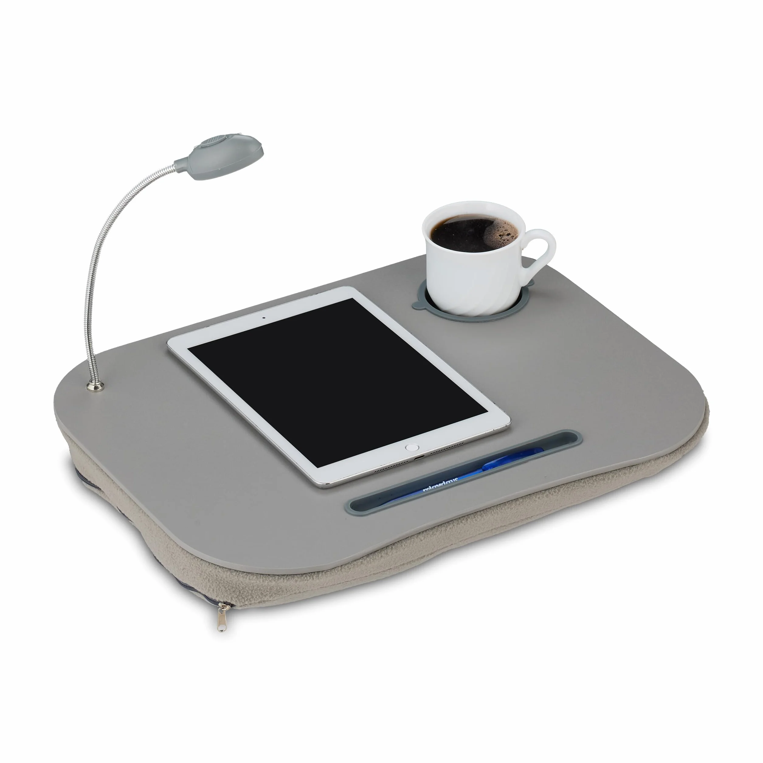 Relaxdays Soporte Ordenador Portátil con Cojín, Luz LED, Mesa Cama con Posavasos, Bandeja Blanda para el Regazo, Gris