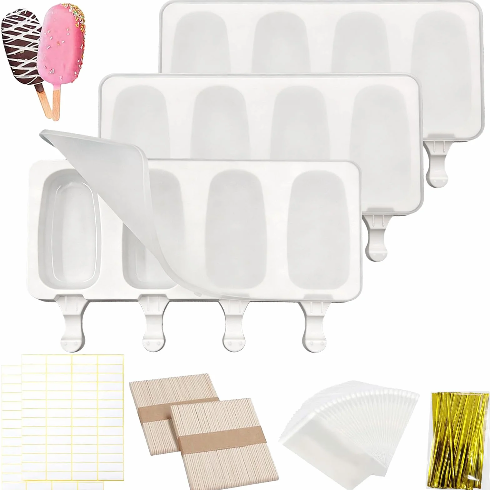 3 Moldes Para Helados con tapa, Molde de silicona para helado, Incluye 100 palitos de helado 100 bolsas para envolver, 100 cintas y 100 pegatinas, para helados congelados para hacer tú mismo