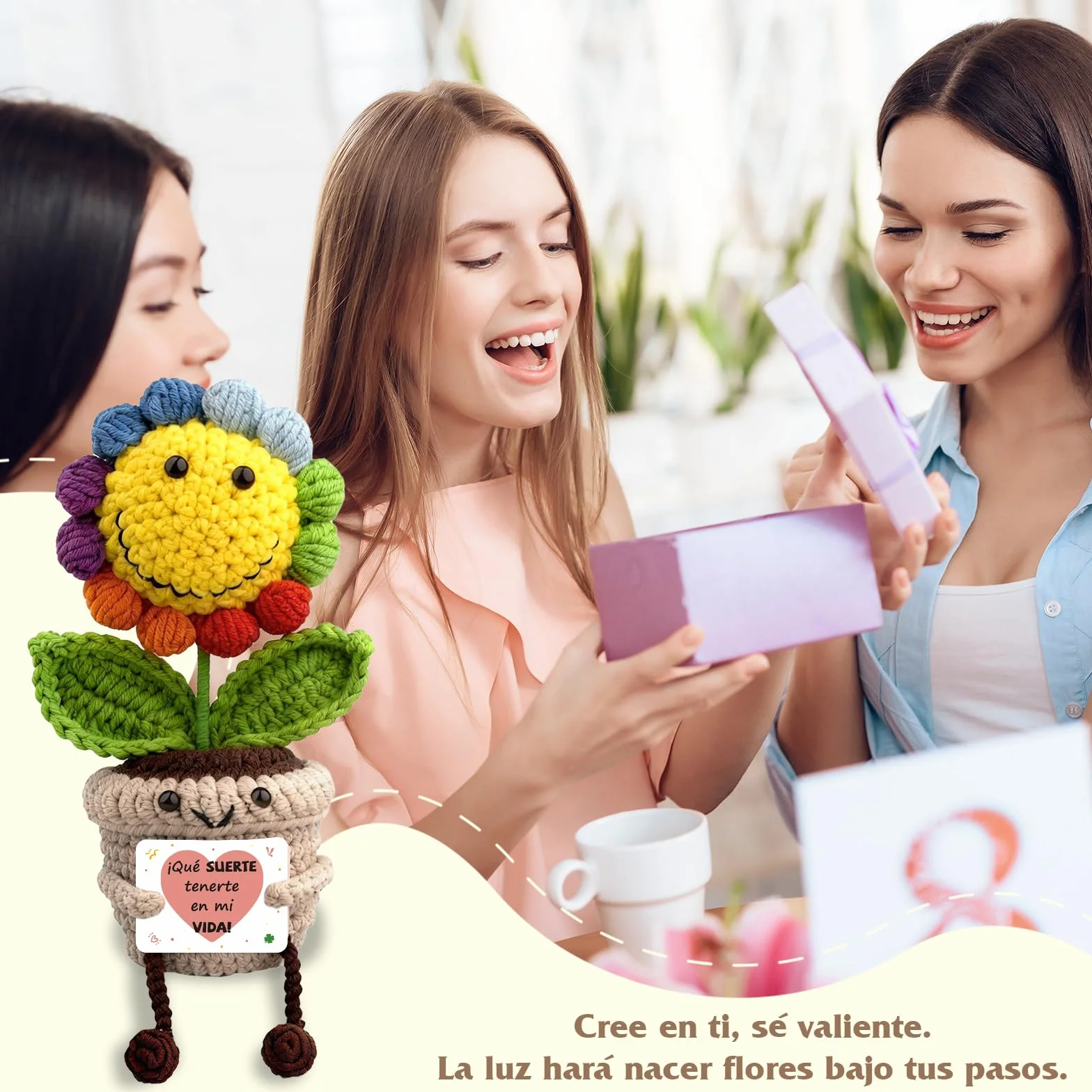 Girasol Crochet con Mensaje Positivo Regalo Original para Mujer Flores Amuletos Suerte Peluche Motivacional
