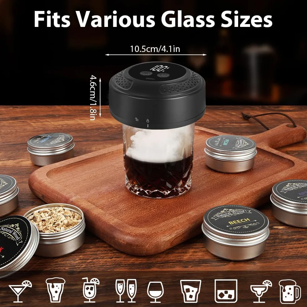 Ahumador de Whisky Eléctrico Portátil, Kit Ahumador para Cócteles Recargable con 6 Virutas de Madera