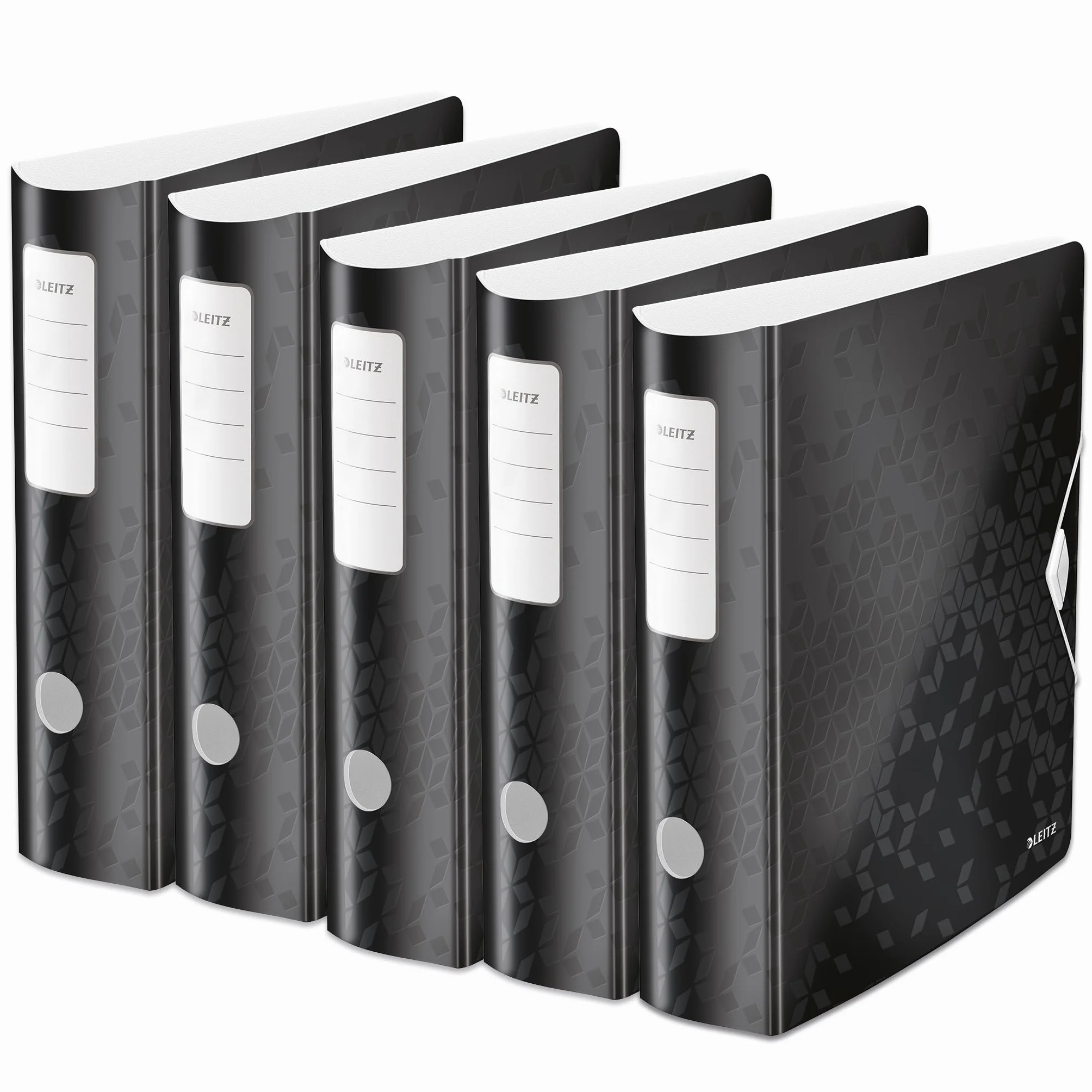Leitz Archivador de calidad 180° Active WOW, 5 unidades, A4, ancho, lomo redondeado, 8,2 cm de ancho, cierre de goma, espuma ligera, carpeta de plástico, serie WOW, color negro, 11060095