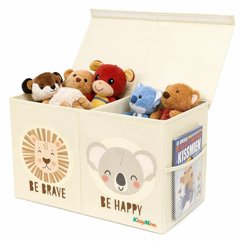 Baúl almacenaje juguetes infantil plegable con tapa, Organizador juguetero (Beige, Mediano)