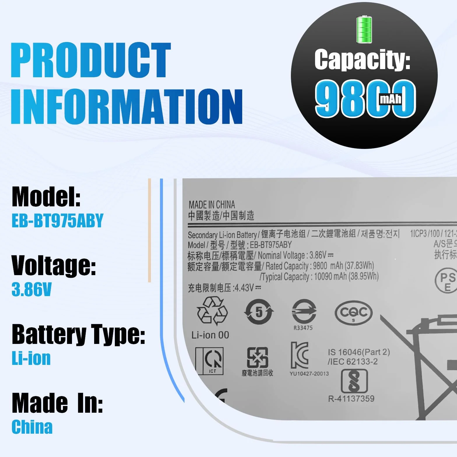 EB-BT975ABY - Batería para Samsung Galaxy Tab S7 Plus SM-T976B SM-T970 SM-T975 (3.86V 10090mAh)
