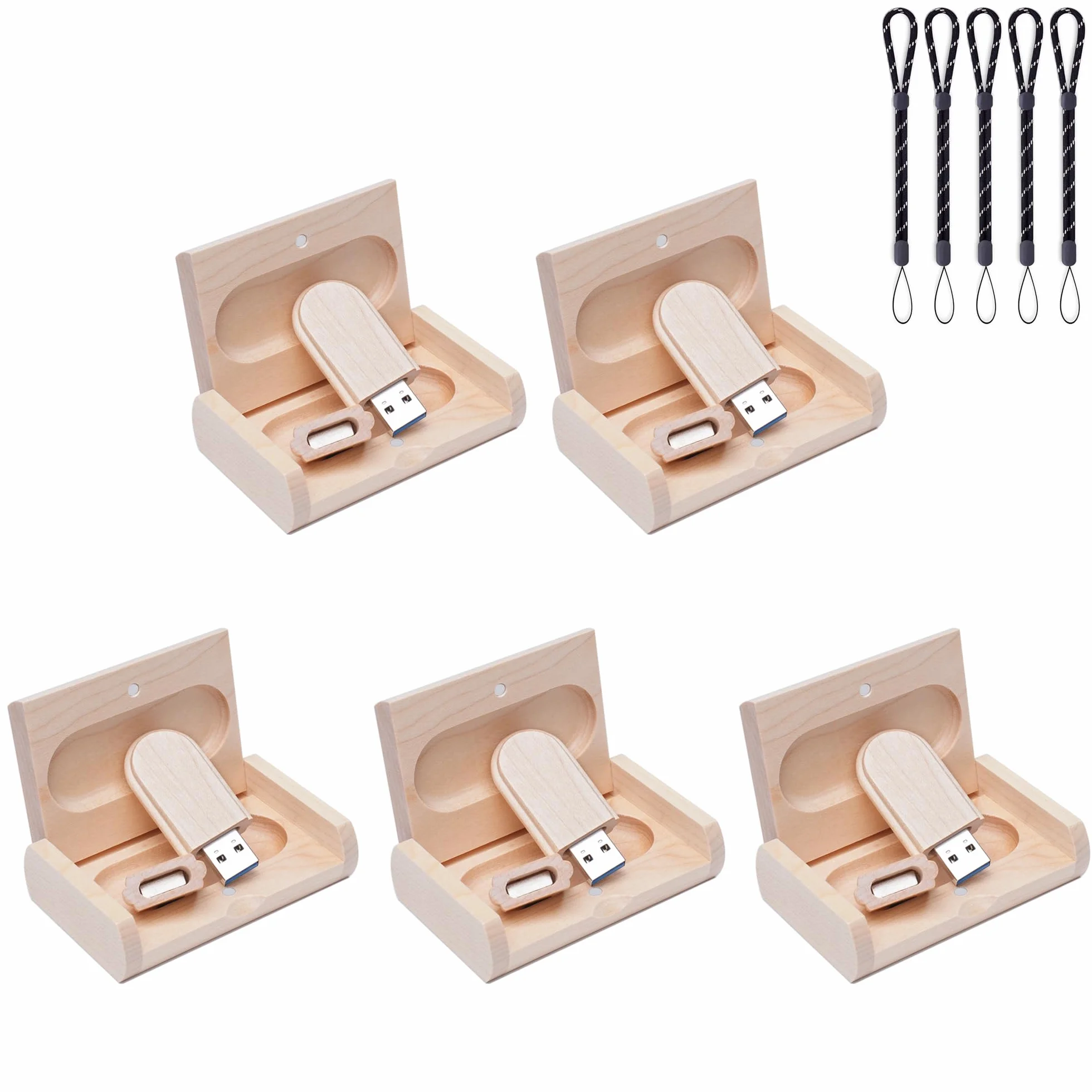 Paquete de 5 unidades de memoria USB de madera de almacenamiento USB 2.0/3.0 con caja de madera (3.0/64GB)