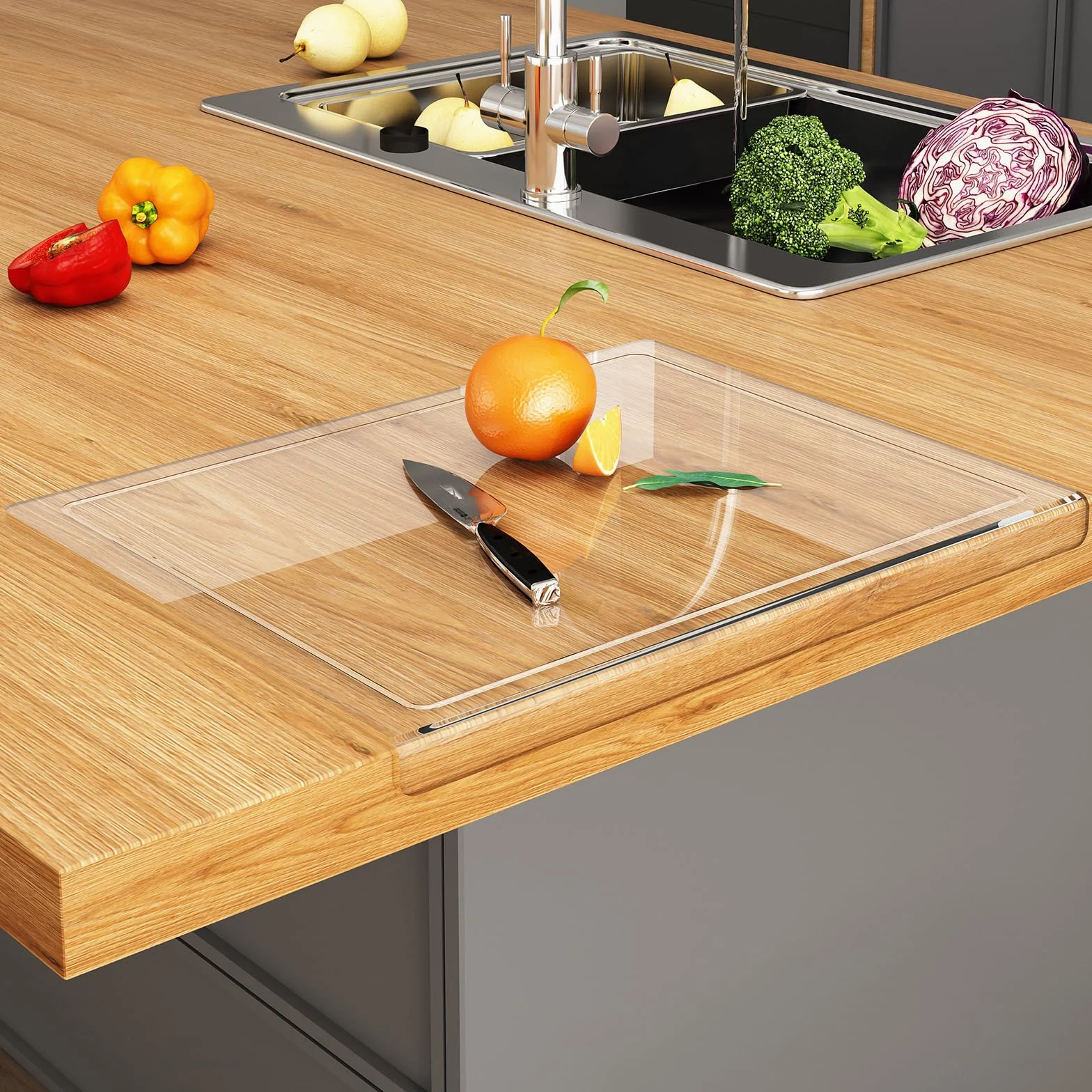 JJL Tabla de cortar acrílica 41x32 cm antideslizante transparente con ranura de jugo sin BPA