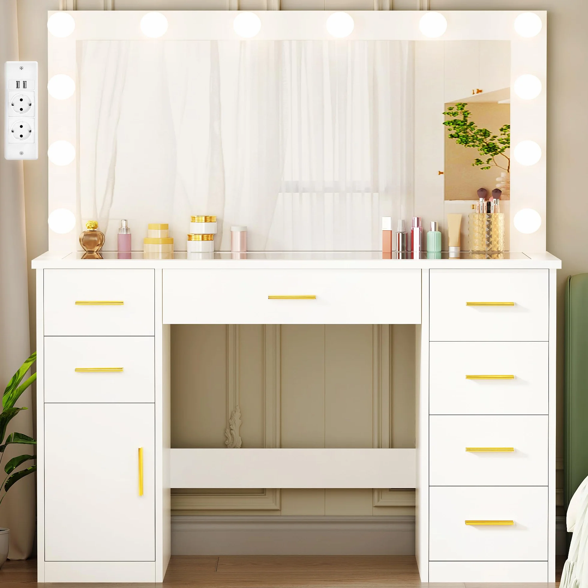ANWBROAD Tocador de Maquillaje con Luces LED Regulables y Espejo 7 Cajones Blanco 140x110x40cm BDT83W