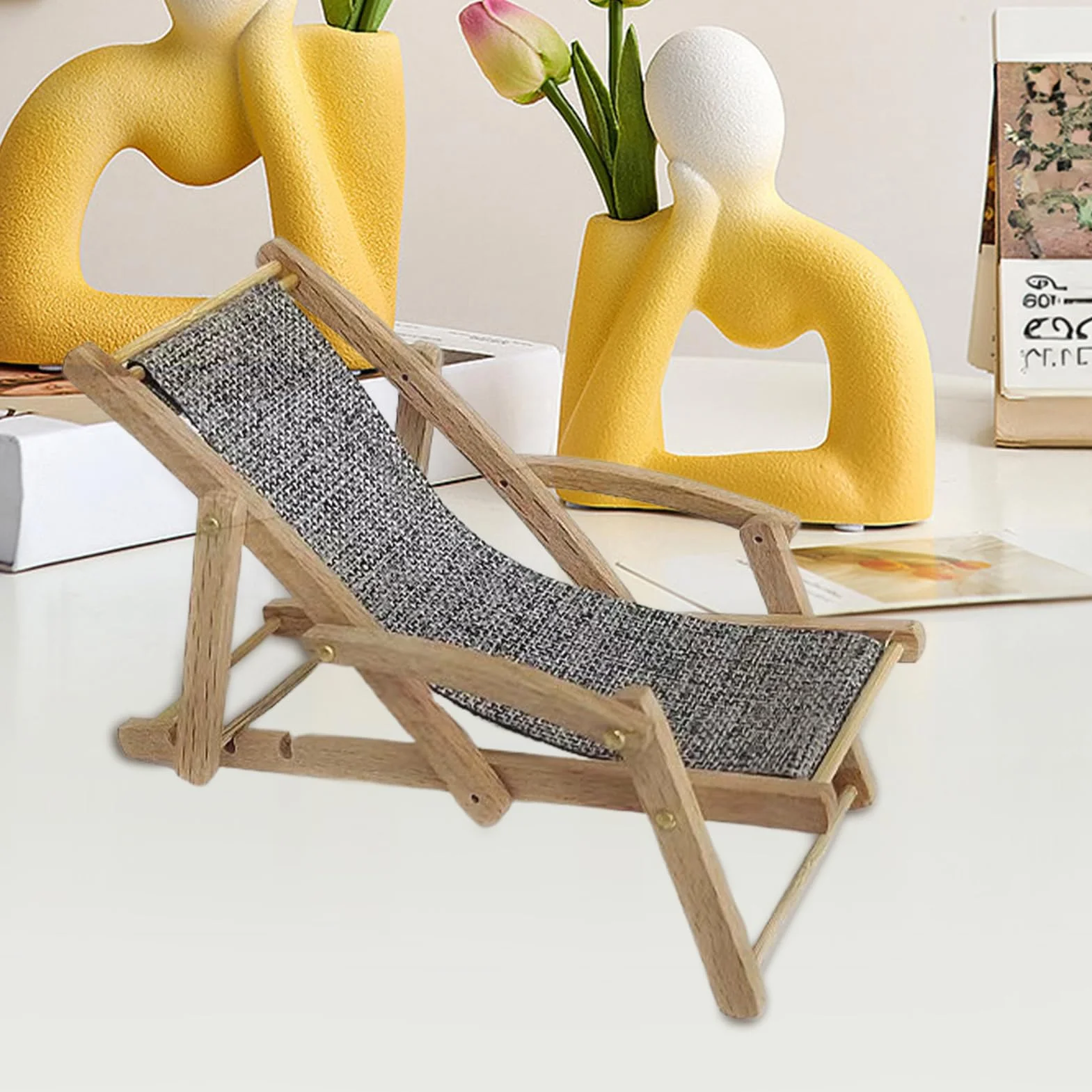 Mini Silla de Playa de Madera, Tumbona Miniatura para Decoración de Casa de Muñecas